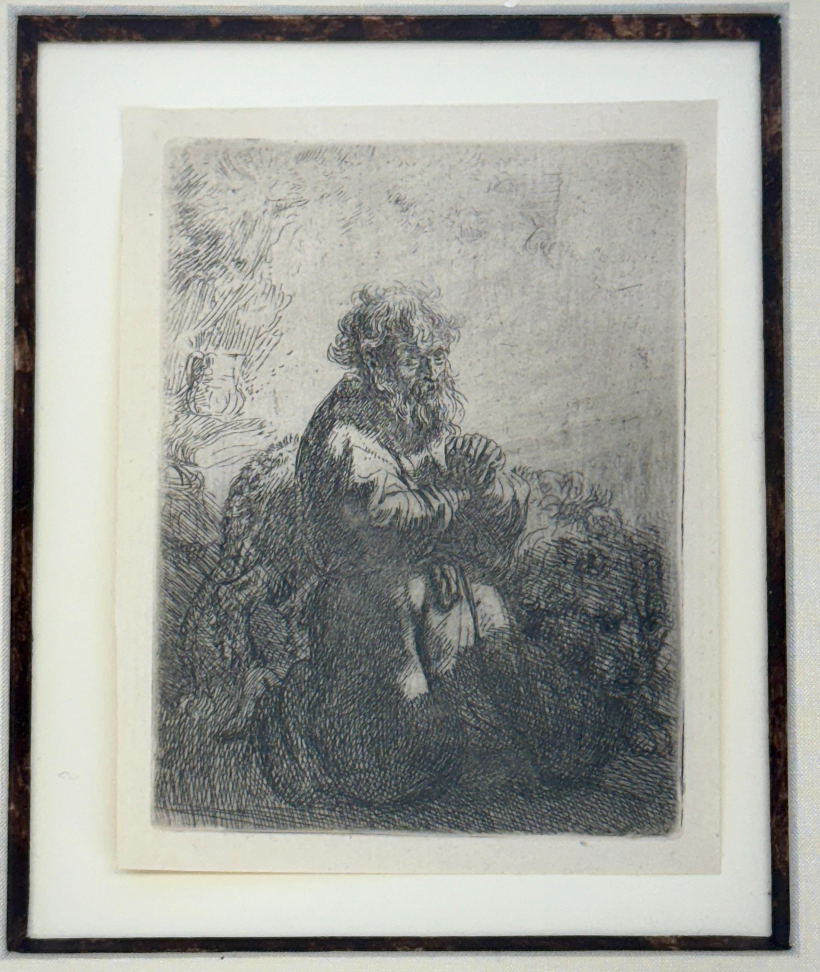Der heilige Hieronymus kniend im Gebet, nach unten schauend Signierte Radierung auf Papier

Klassische Radierung von Rembrandt Harmenszoon van Rijn, gerahmt, in der Platte signiert und datiert. Der heilige Hieronymus war einer der frühen