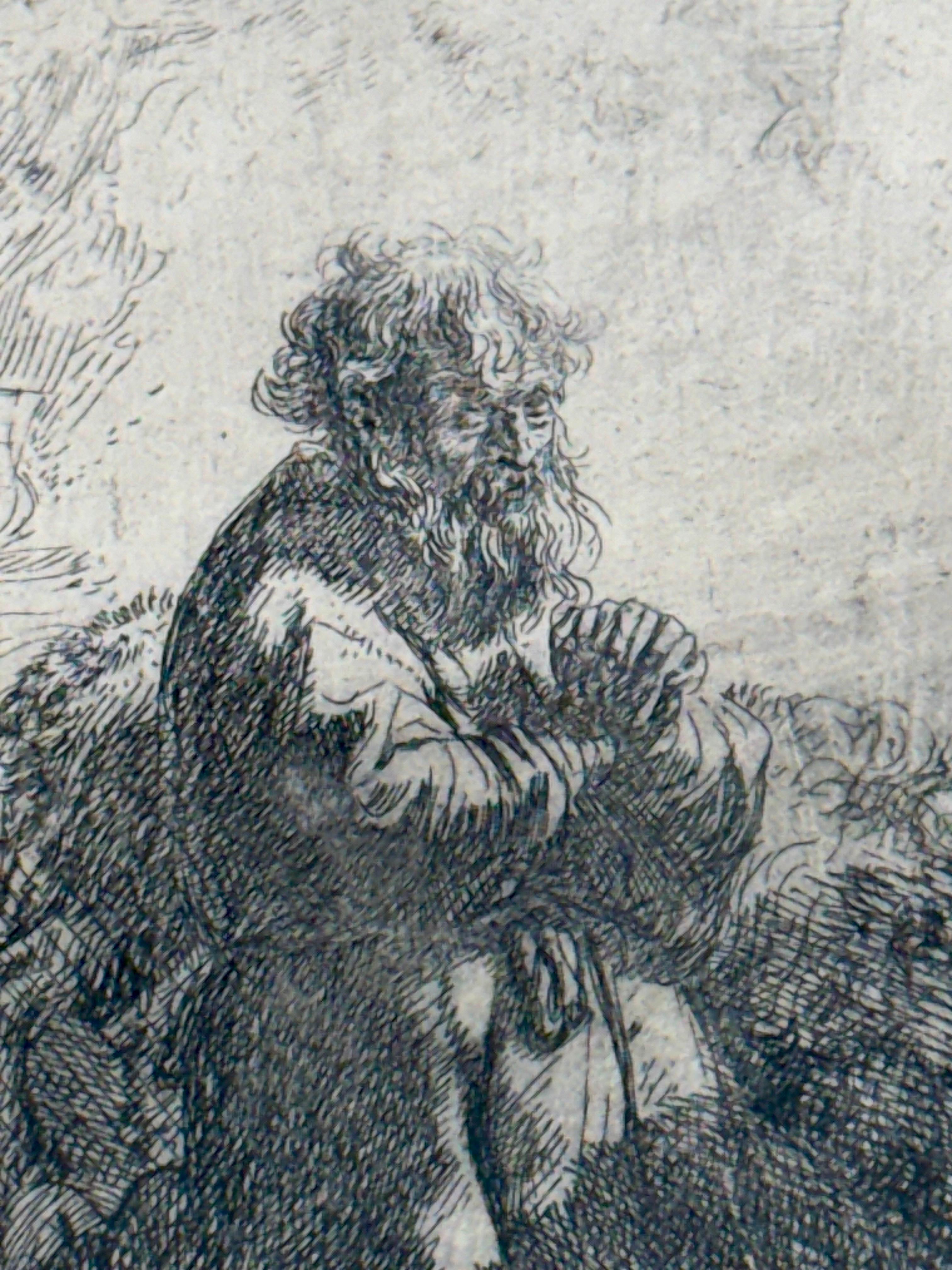 Baroque Rembrandt St. Jerome Kneeling in Prayer Signed Etching Framed, Early 17th C