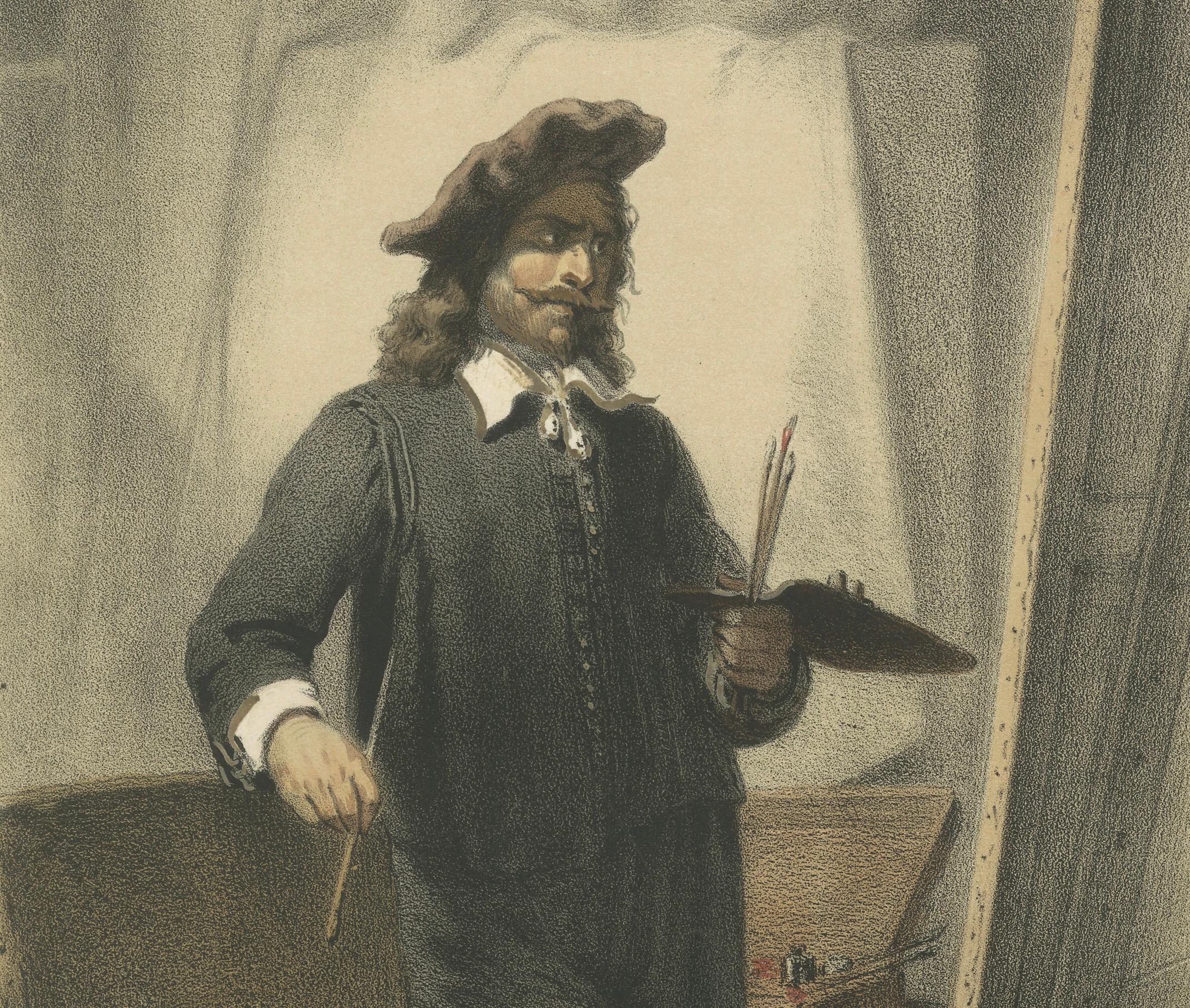 Rembrandt en el caballete - Litografía coloreada a mano de W.F. Hoevenaar, Utrecht, c.1850

Litografía del siglo XIX bellamente coloreada a mano que representa al legendario maestro holandés Rembrandt van Rijn en su estudio, de pie ante un lienzo