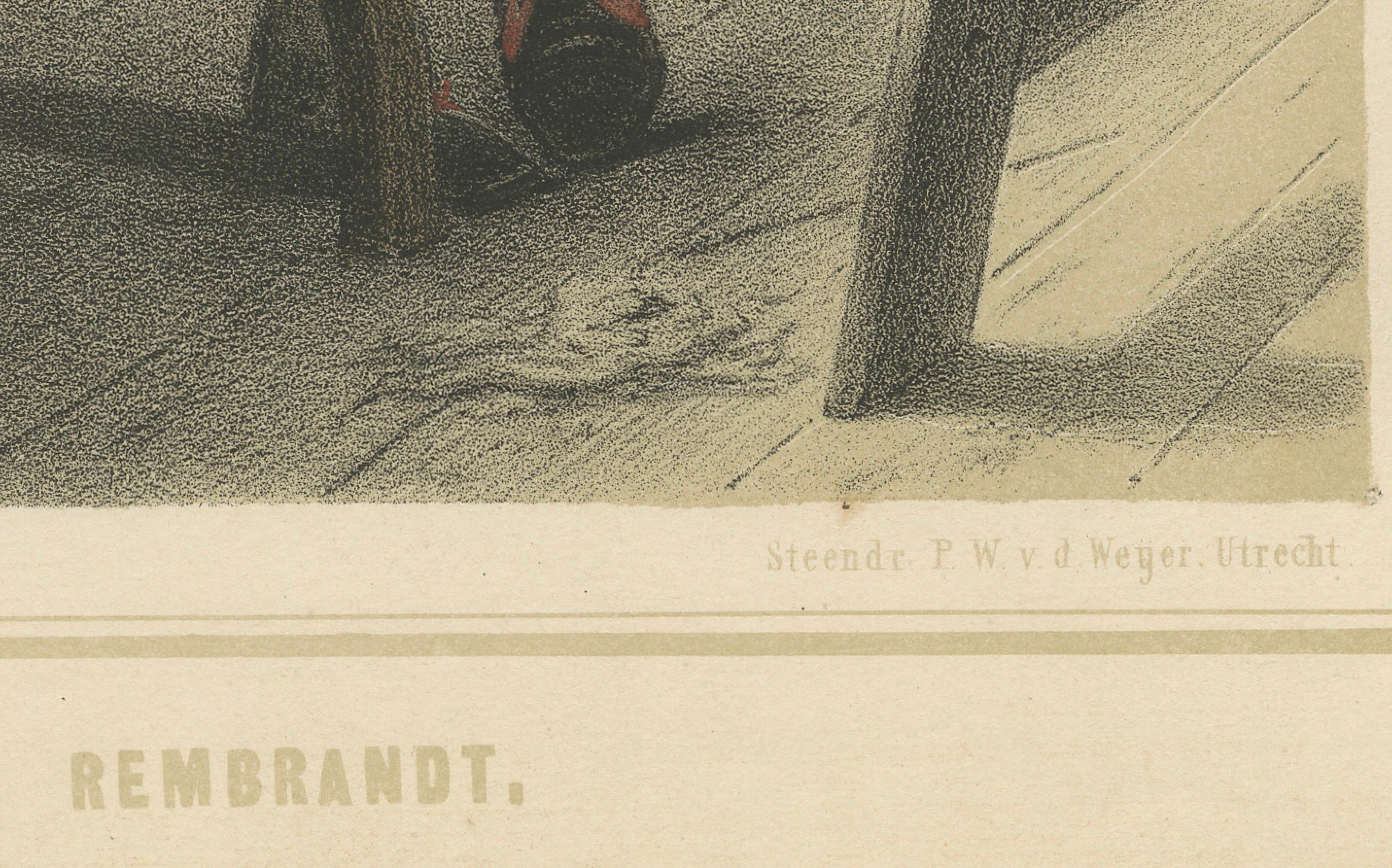 Rembrandt de pie ante el caballete - Litografía coloreada a mano del siglo XIX Mediados del siglo XIX en venta