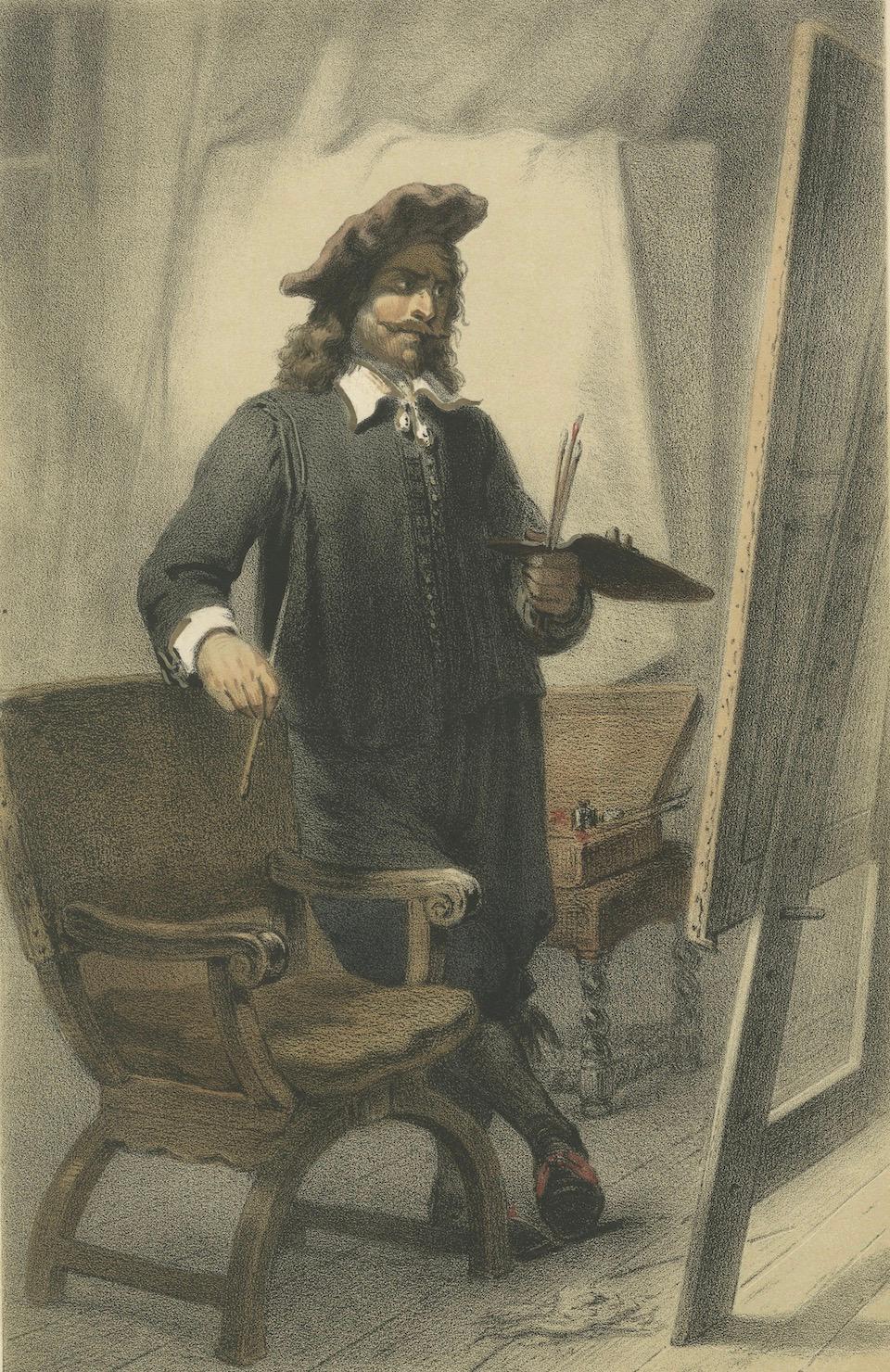 Rembrandt de pie ante el caballete - Litografía coloreada a mano del siglo XIX Papel en venta