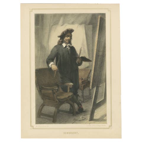 Rembrandt Standing at the Easel – 19th-Century Hand-Colored Lithograph