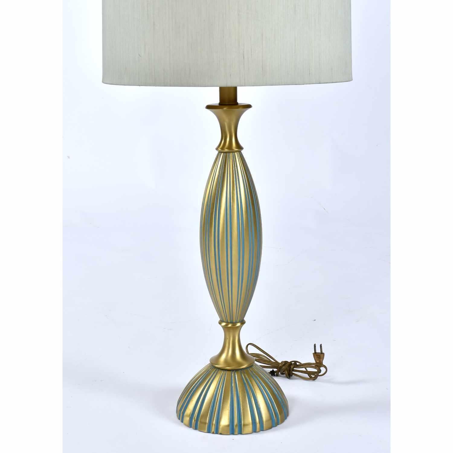 American Rembrandt Teal and Gold Hourglass Shaped Midcentury Table Lamp For Sale