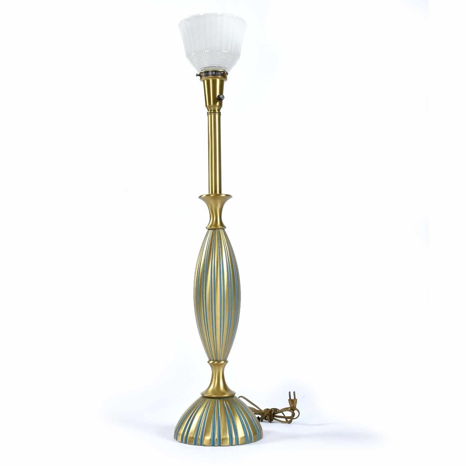 Metà XX secolo Lampada da tavolo a forma di clessidra Rembrandt verde acqua e oro del metà del secolo scorso in vendita