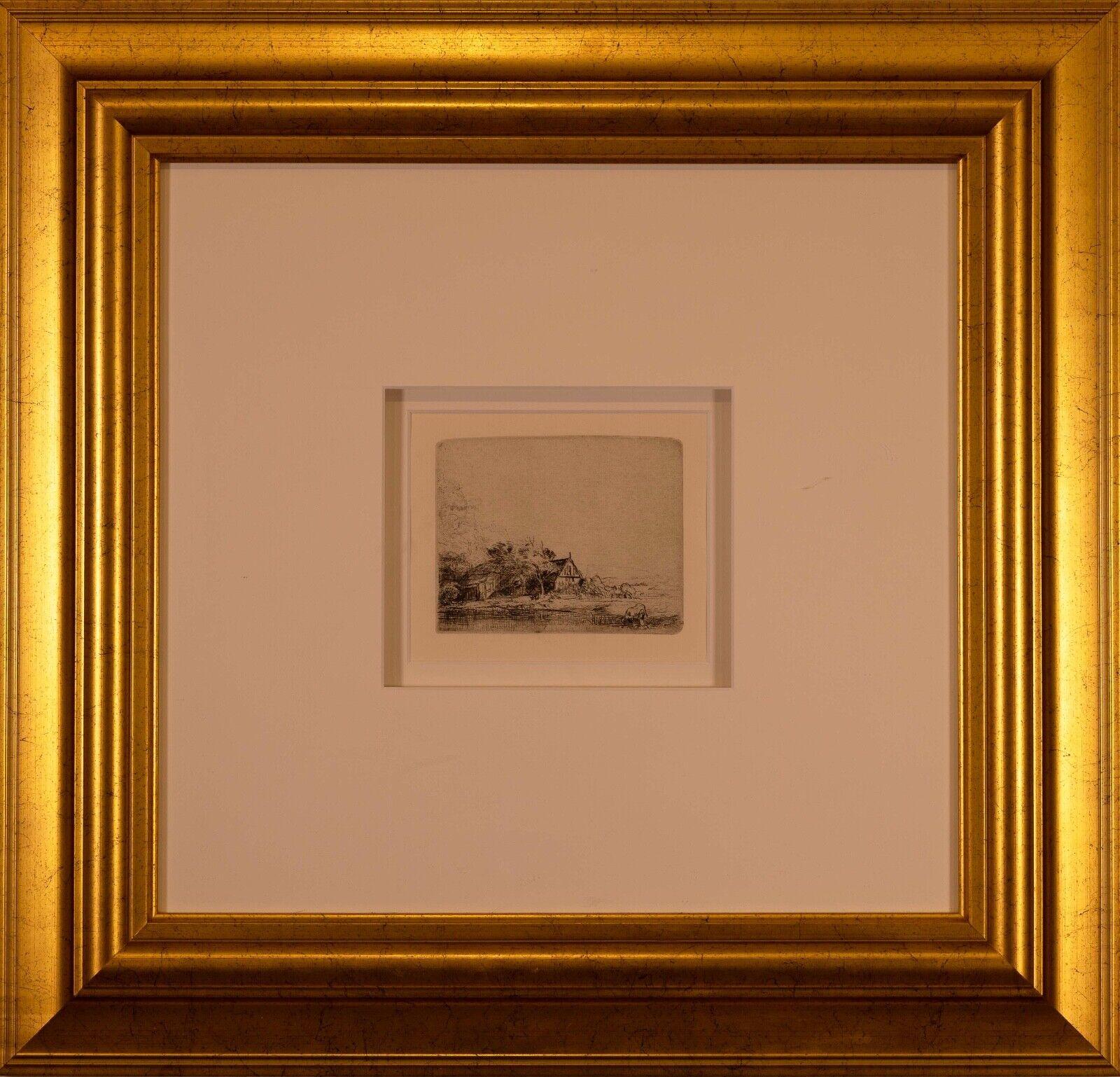 A tranquil etching on Ingres d’Arches off-white laid paper paper titled “Landscape with a Cow Drinking” by Rembrandt Van Rijn. Circa 1650. A 20th/21st Century impression printed by Marjorie Van Dyke. From the “Millenium” edition limited to 2500