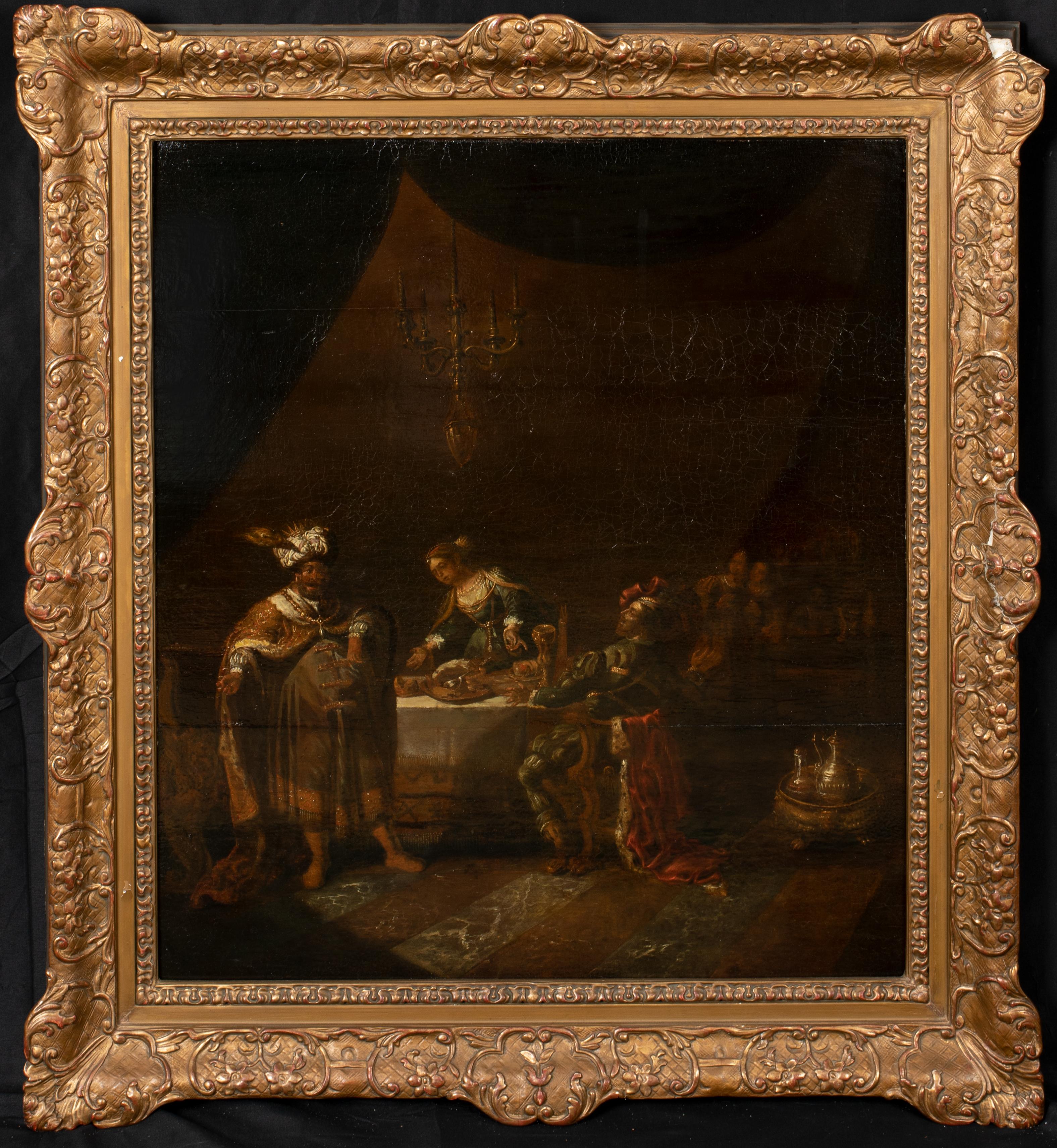 Ahasuerus and Hamas at the Feast of Esther, 17th Century - Painting by Rembrandt van Rijn