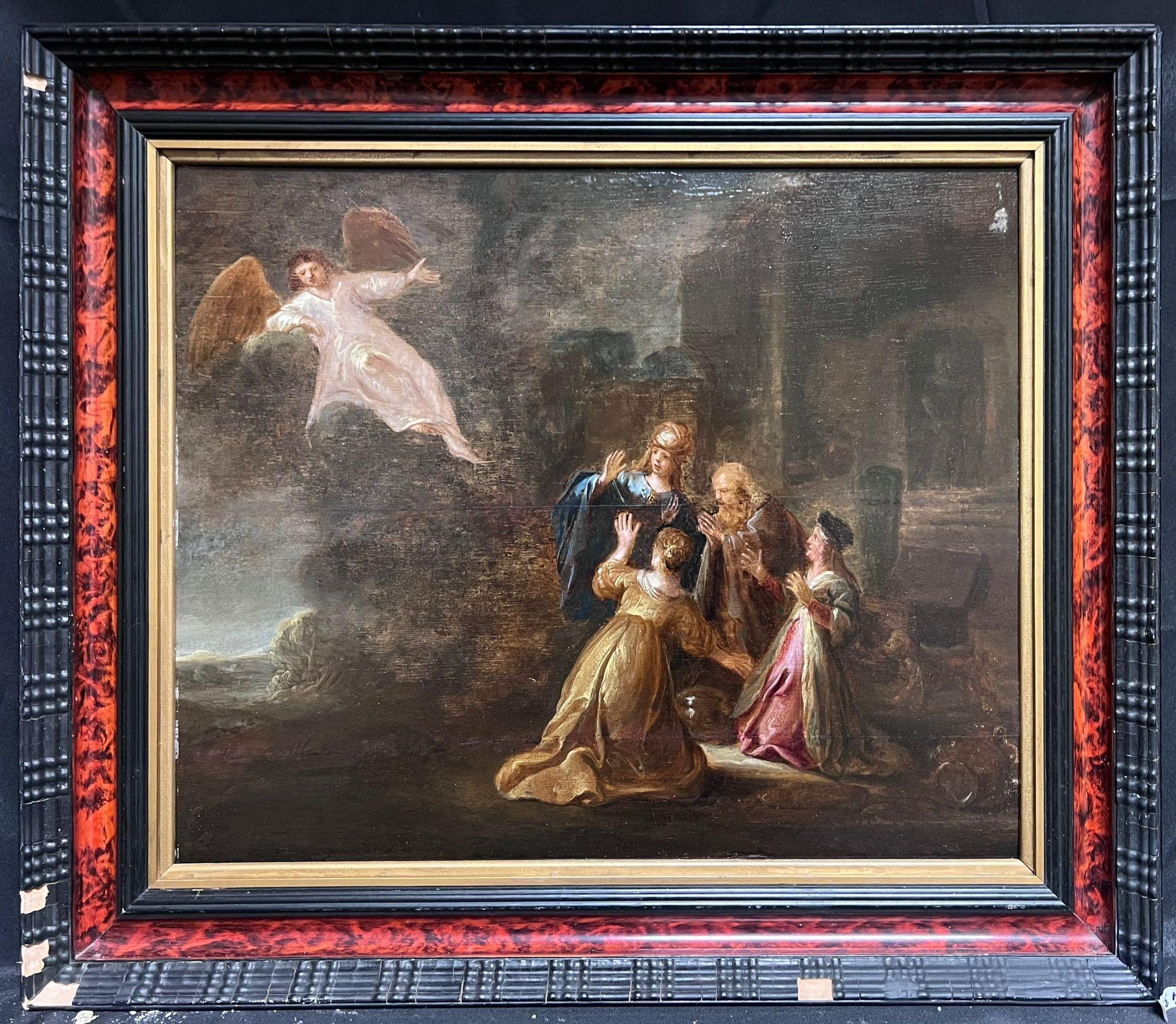 Fine 17th Century Dutch Old Master Oil on Panel Angelic Visitation to Figures - Painting by Rembrandt van Rijn