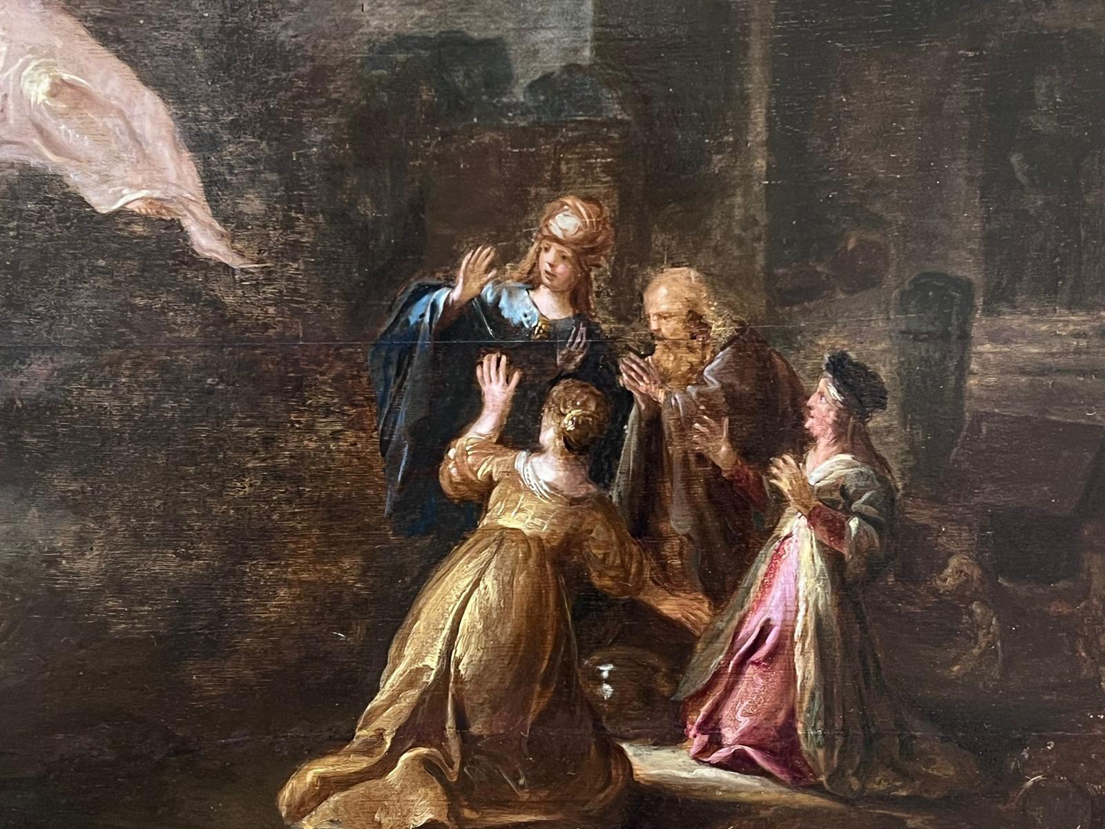 The Angelic Visitation
Dutch School, mid 17th century
circle of Rembrandt (Dutch 1606-1669)
oil on wooden panel, framed in faux tortoiseshell style frame.
framed: 25 x 28.75
painting: 19 x 24 inches
provenance: private collection, Belgium
condition: