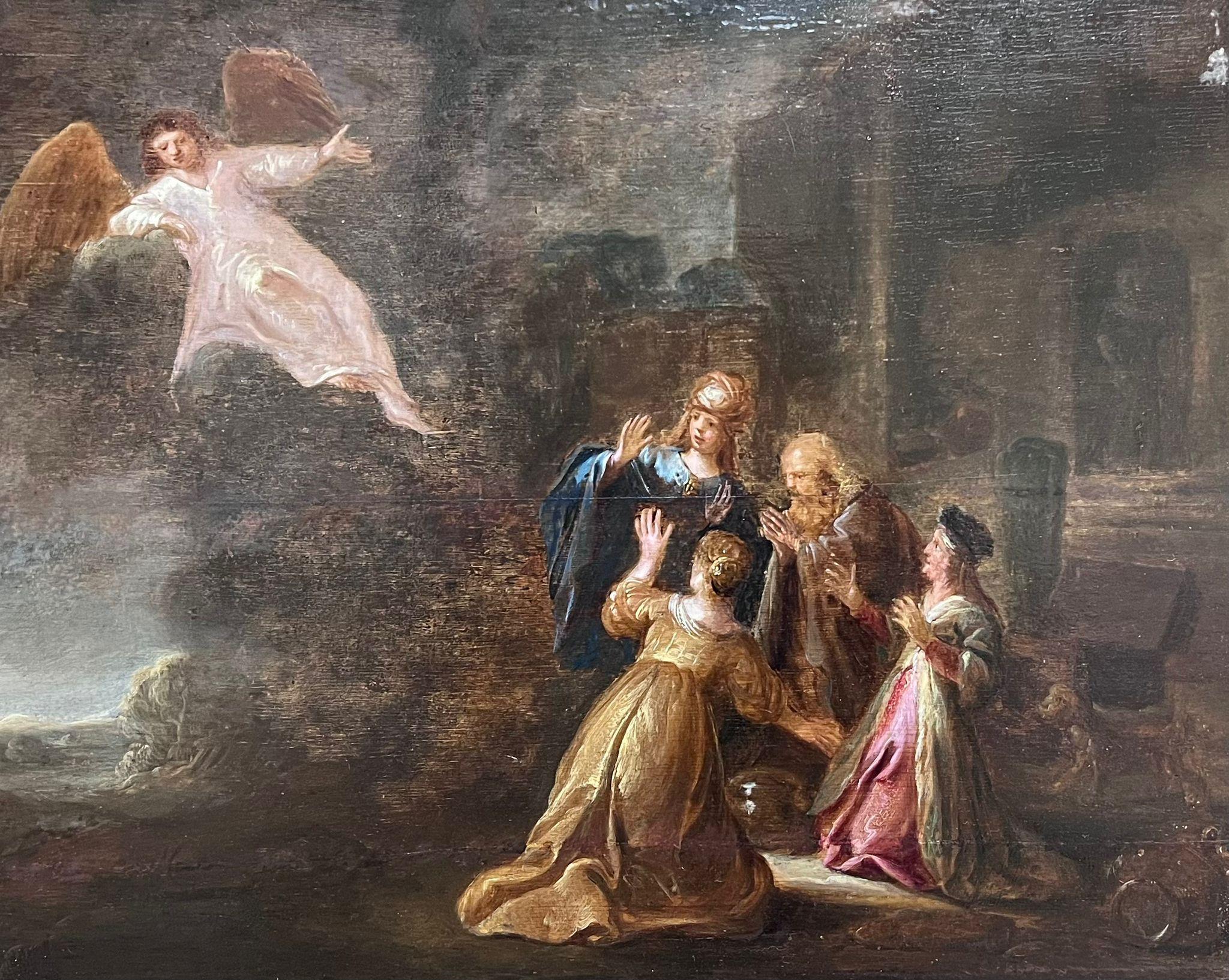 Rembrandt van Rijn Figurative Painting - Fine 17th Century Dutch Old Master Oil on Panel Angelic Visitation to Figures