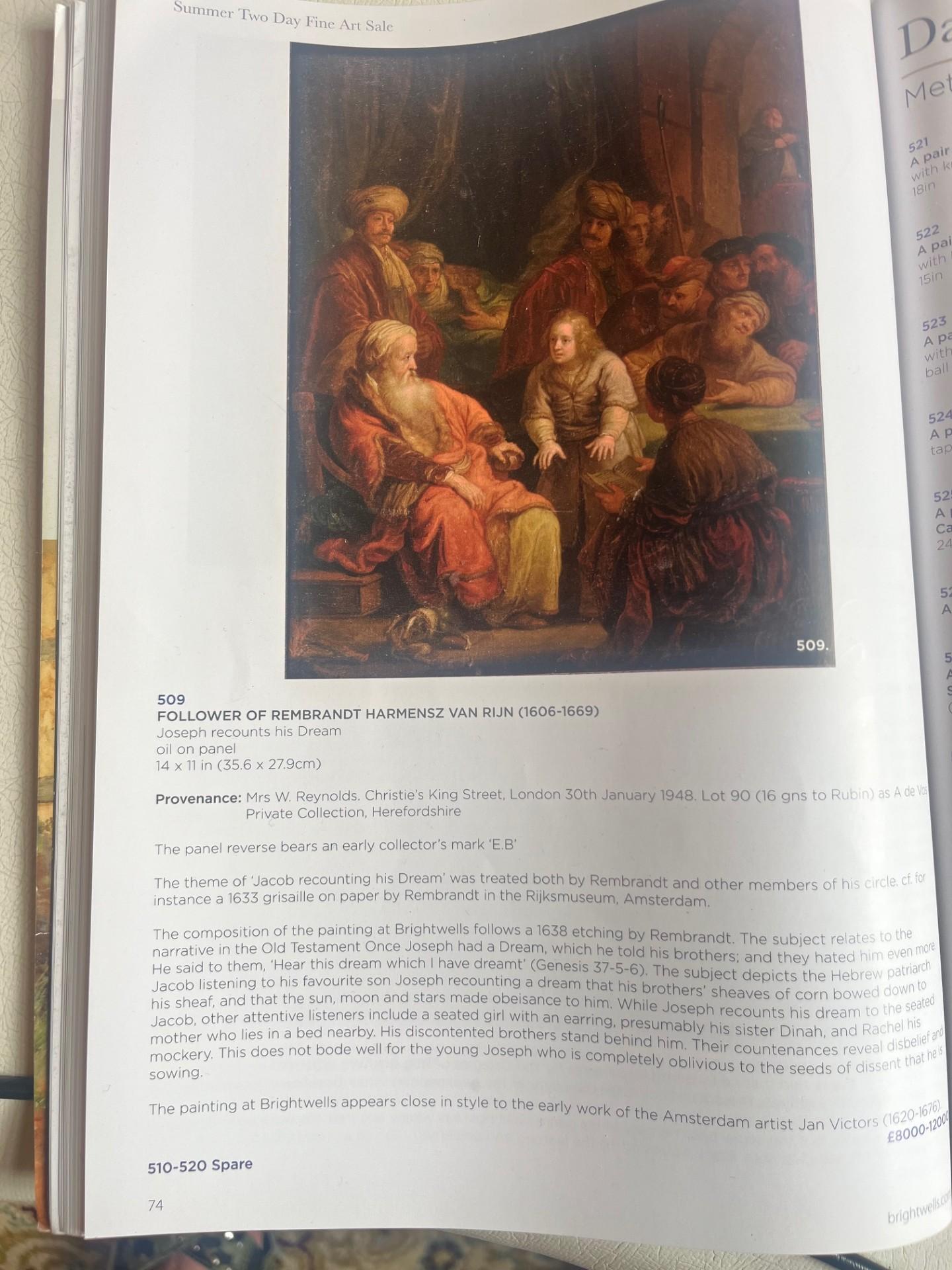Óleo bíblico del siglo XVII del Viejo Maestro José cuenta su Sueño - Painting de Rembrandt van Rijn