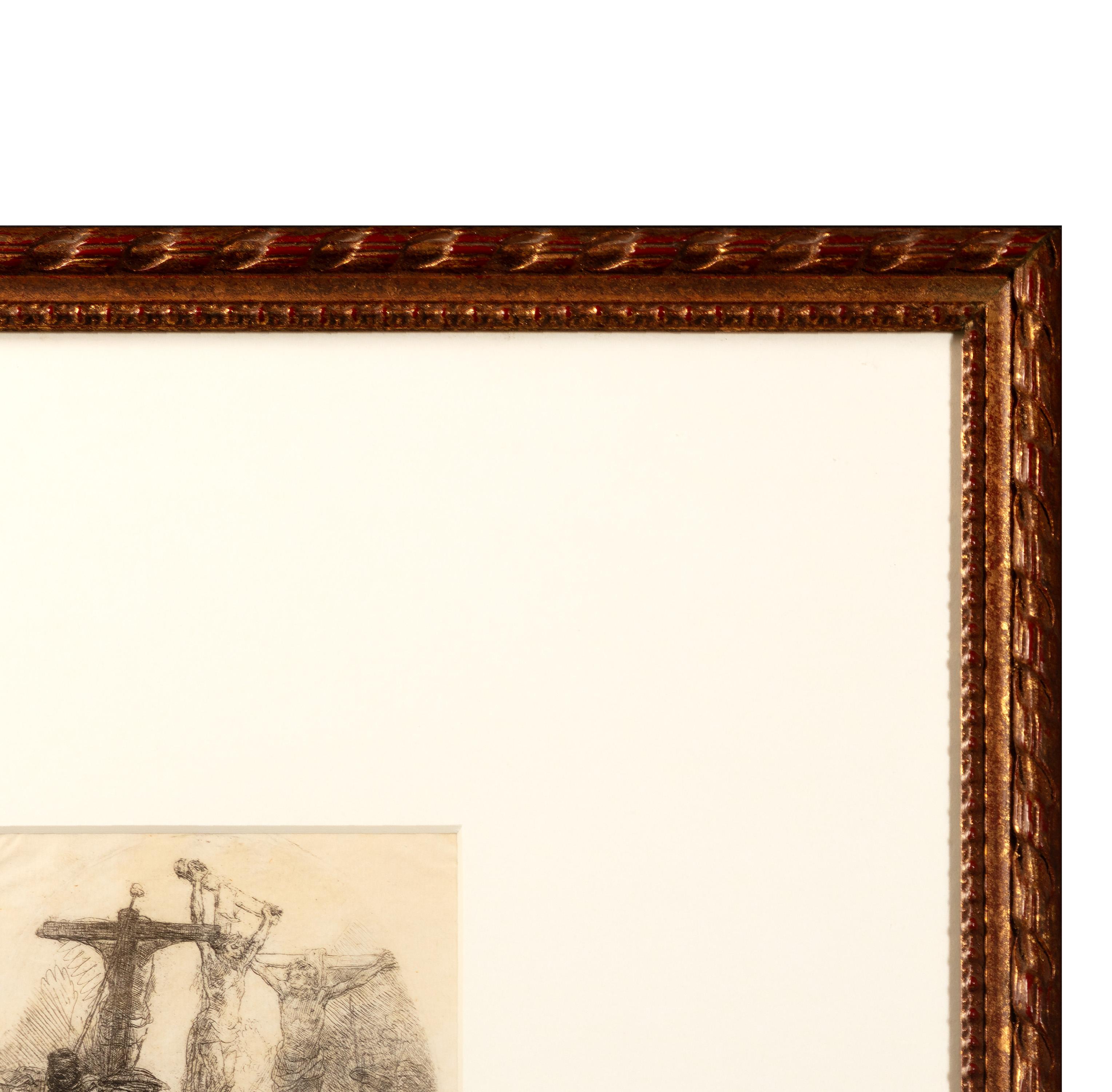 Grabado del siglo XVII Rembrandt escena bíblica figuras crucifixión - Print de Rembrandt van Rijn