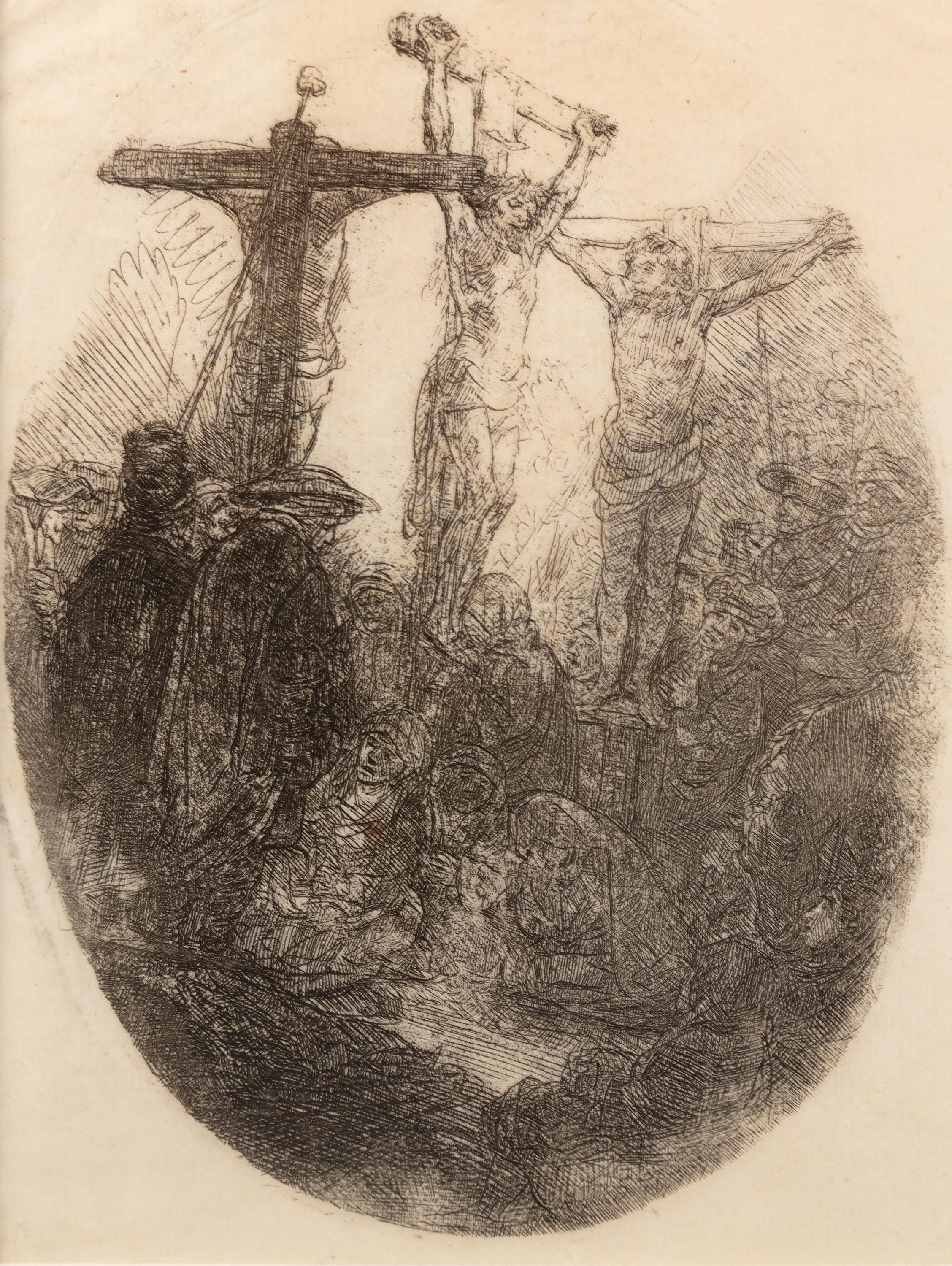 Grabado del siglo XVII Rembrandt escena bíblica figuras crucifixión - Print Escuela holandesa de Rembrandt van Rijn