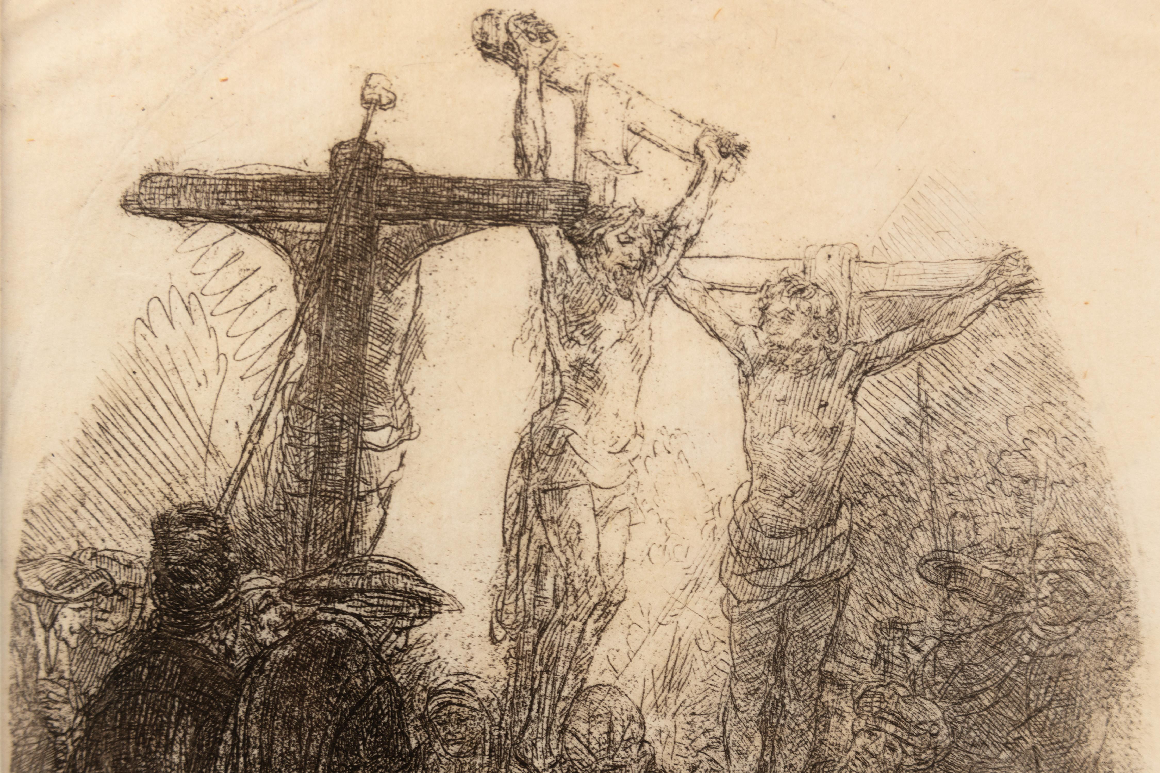 Grabado del siglo XVII Rembrandt escena bíblica figuras crucifixión - Figurative Print Blanco de Rembrandt van Rijn