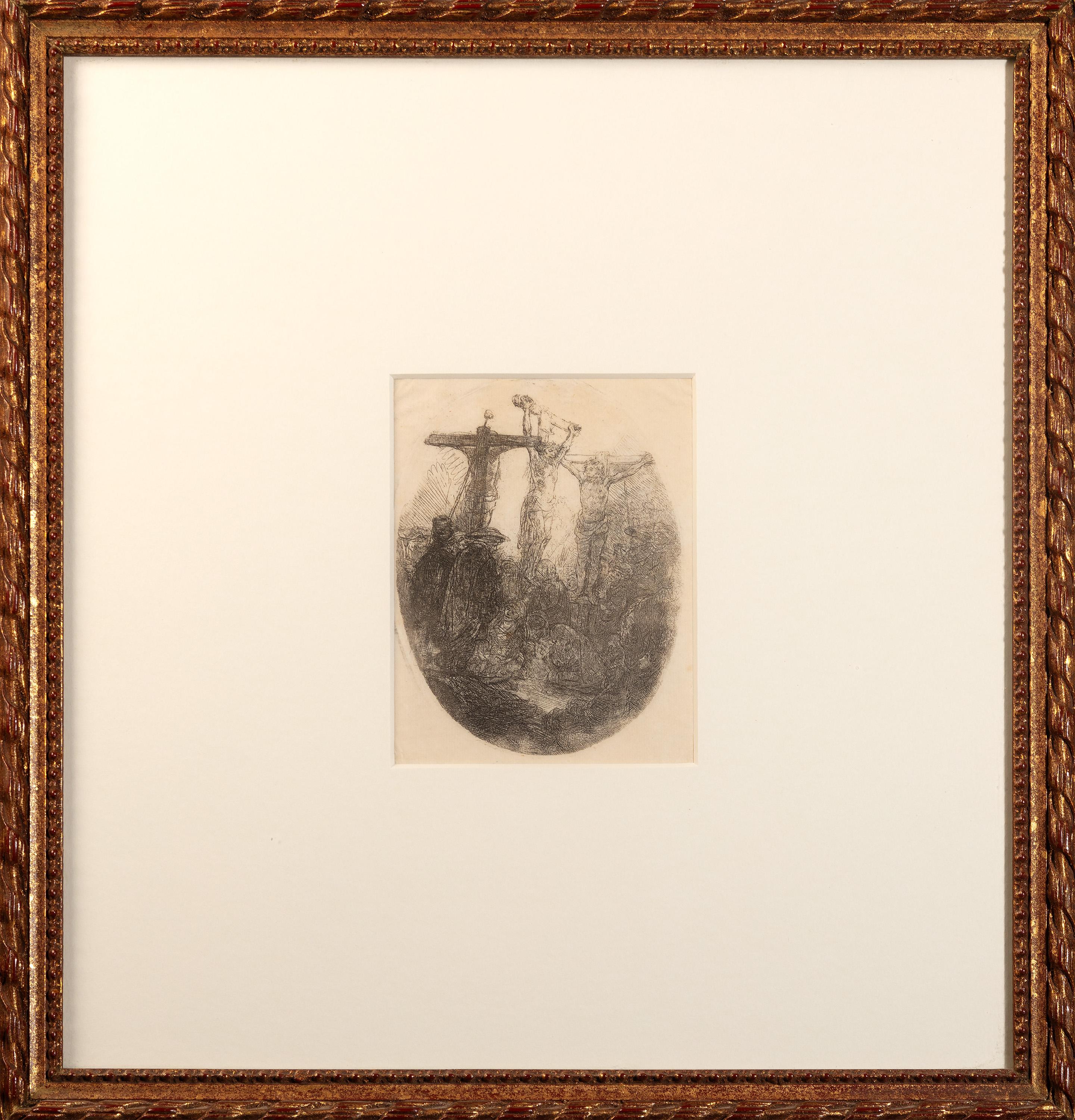 Figurative Print de Rembrandt van Rijn - Grabado del siglo XVII Rembrandt escena bíblica figuras crucifixión