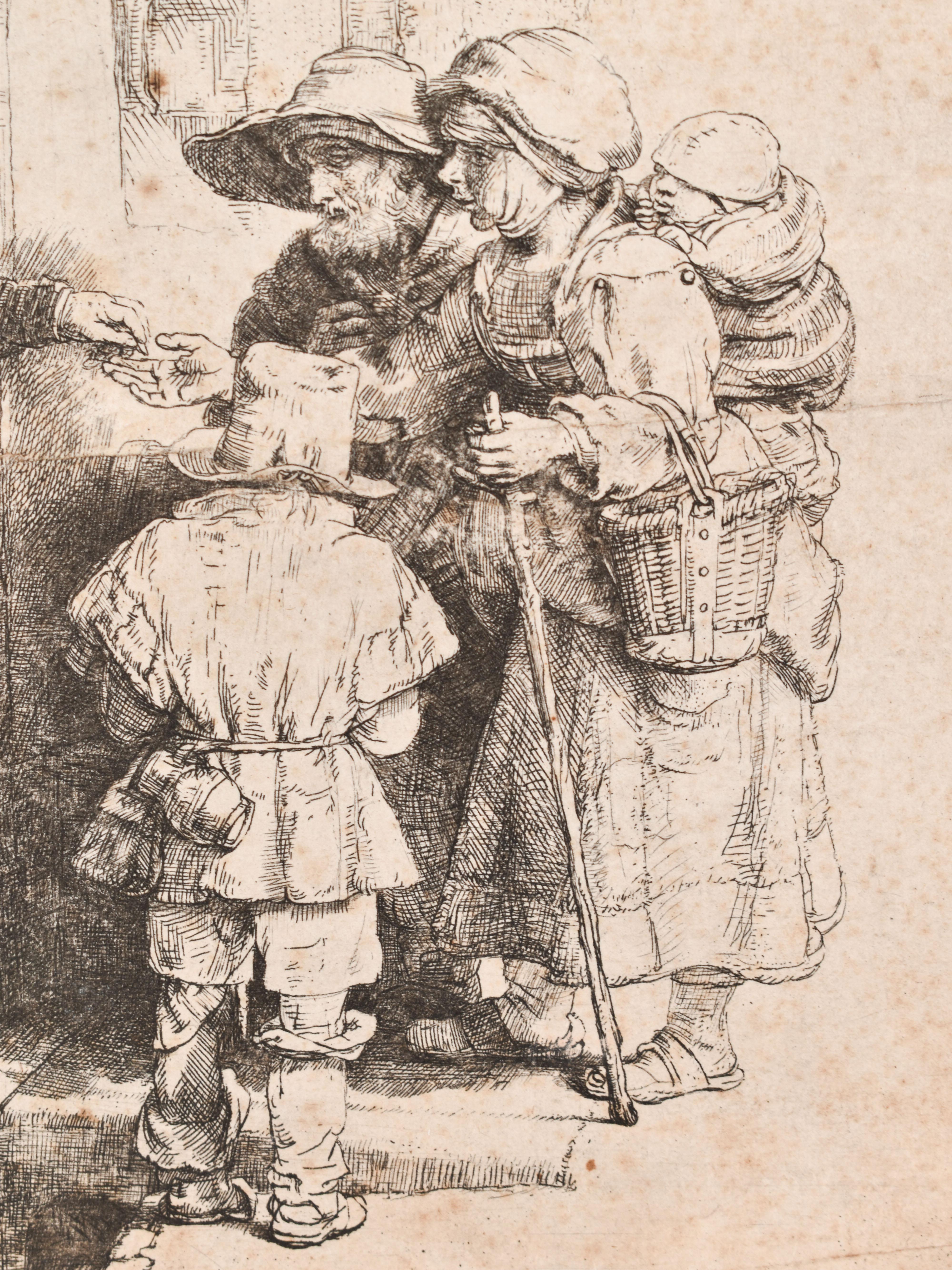 A blind lyreman with his family begging at a house - Rembrandt - Dutch - Etching - Old Masters Print by Rembrandt van Rijn