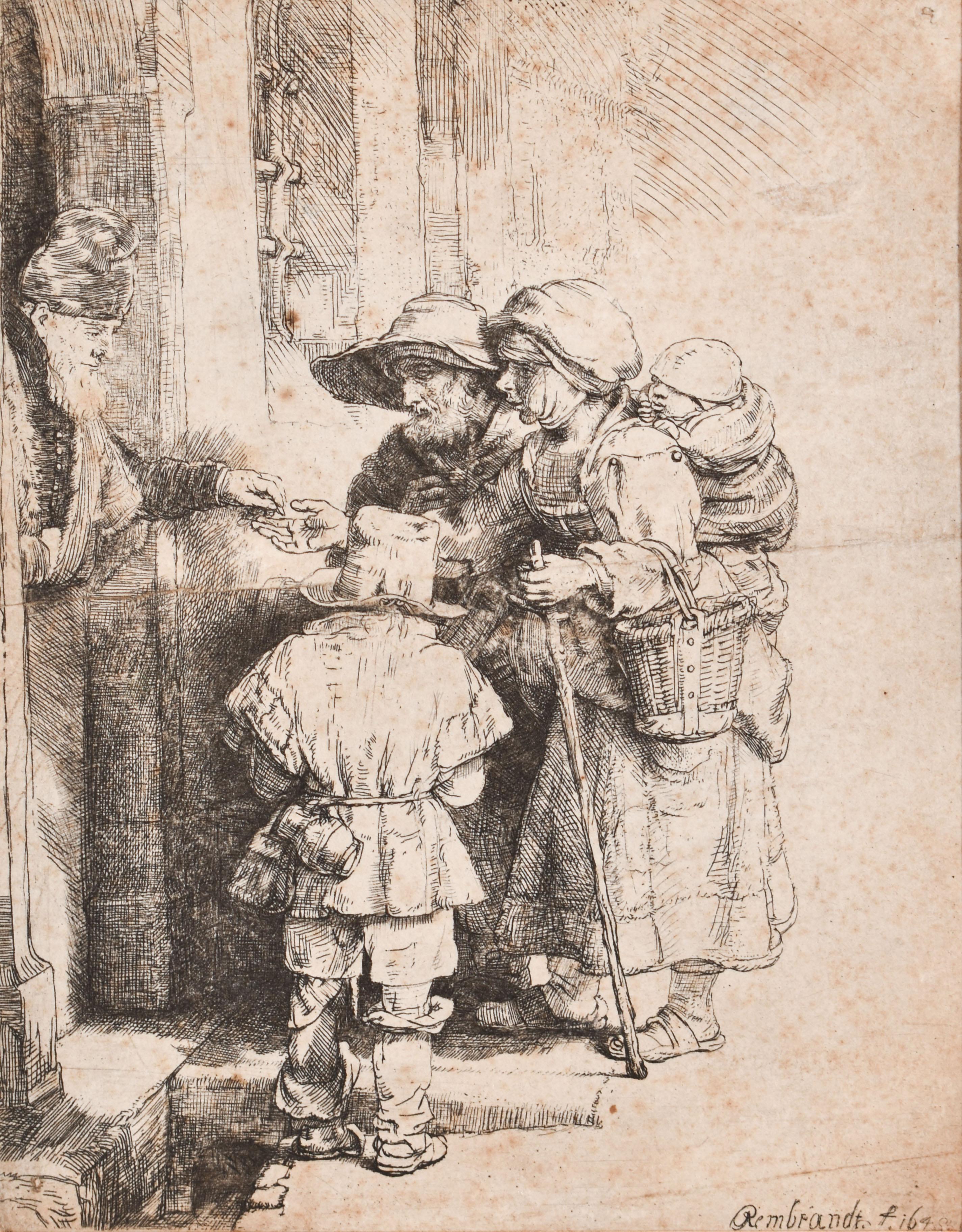 Rembrandt van Rijn Figurative Print - A blind lyreman with his family begging at a house - Rembrandt - Dutch - Etching