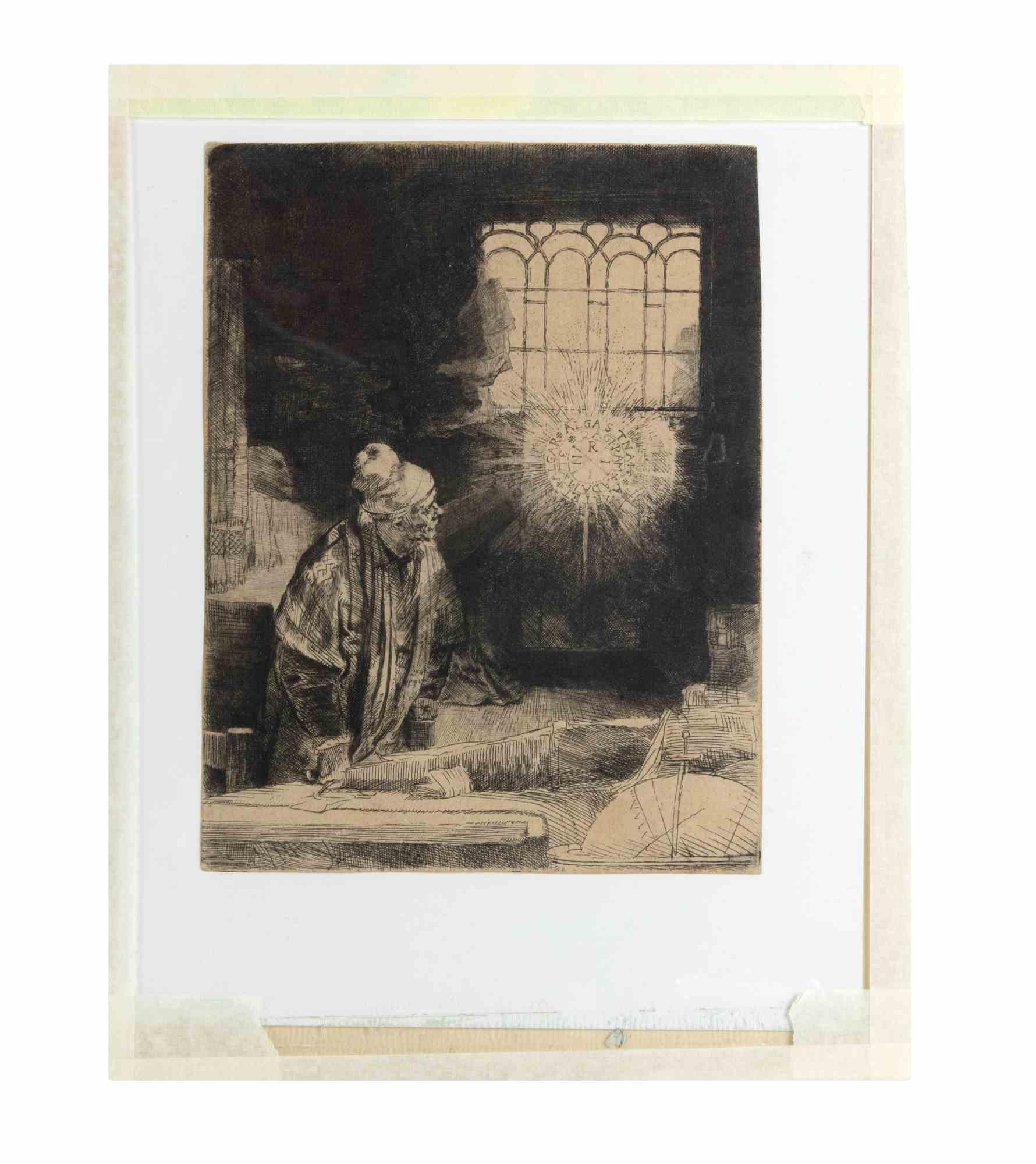 Un erudito en su estudio (Fausto) - Aguafuerte de Rembrandt - 1652 ca. - Print de Rembrandt van Rijn