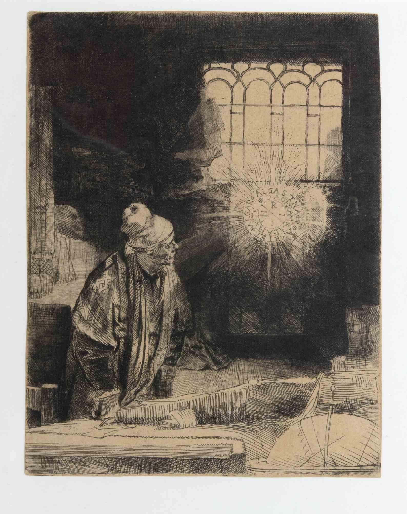 Un erudito en su estudio (Fausto) - Aguafuerte de Rembrandt - 1652 ca. - Print Antiguos maestros de Rembrandt van Rijn