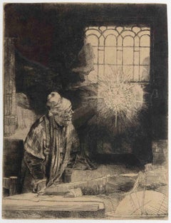 A Scholar in his Study (Faust) - Etching by Rembrandt - 1652 ca.