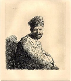 Bärtiger Mann mit furnierter orientalischer Kapuze und Robe, Radierung von Rembrandt van Rijn