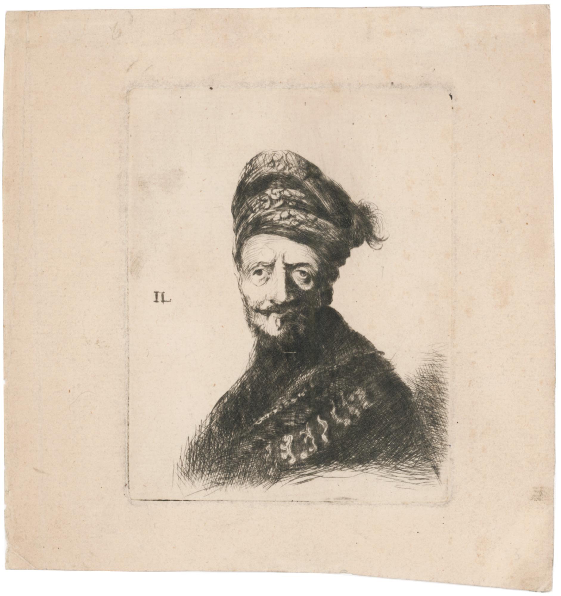 Der gebürtige Mann mit Turban und Pelz – Print von Rembrandt van Rijn