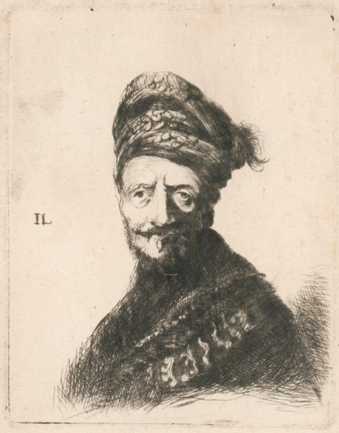 Rembrandt van Rijn Portrait Print – Der gebürtige Mann mit Turban und Pelz