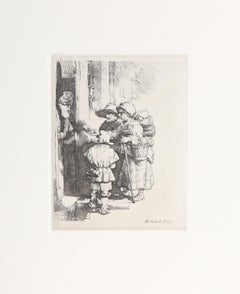 Beggars recevant des aumônes à la porte d'une maison, gravure de Rembrandt van Rijn