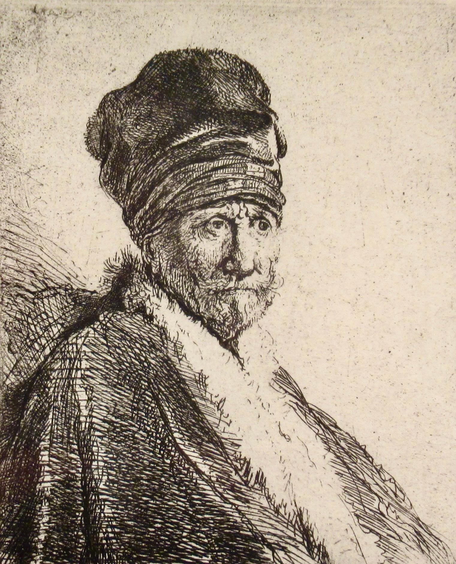 Bust of a Man Wearing a High Cap, The Artist's Father - Old Masters Print by Rembrandt van Rijn