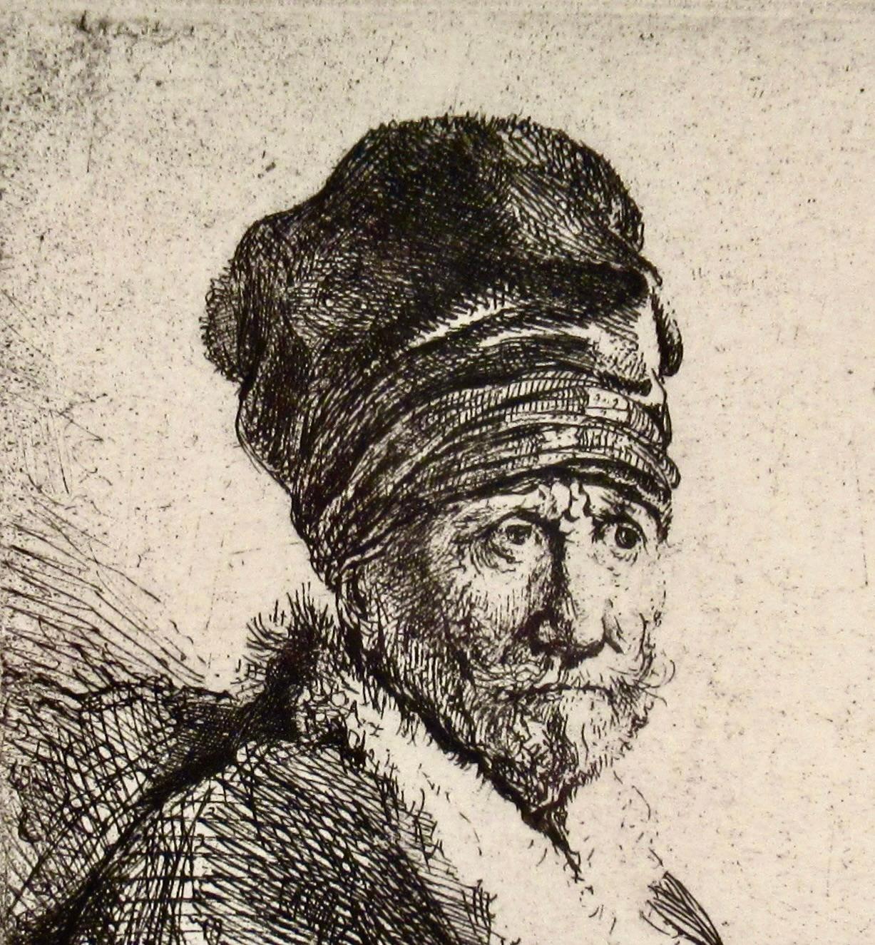 Bust of a Man Wearing a High Cap, The Artist's Father - Beige Figurative Print by Rembrandt van Rijn