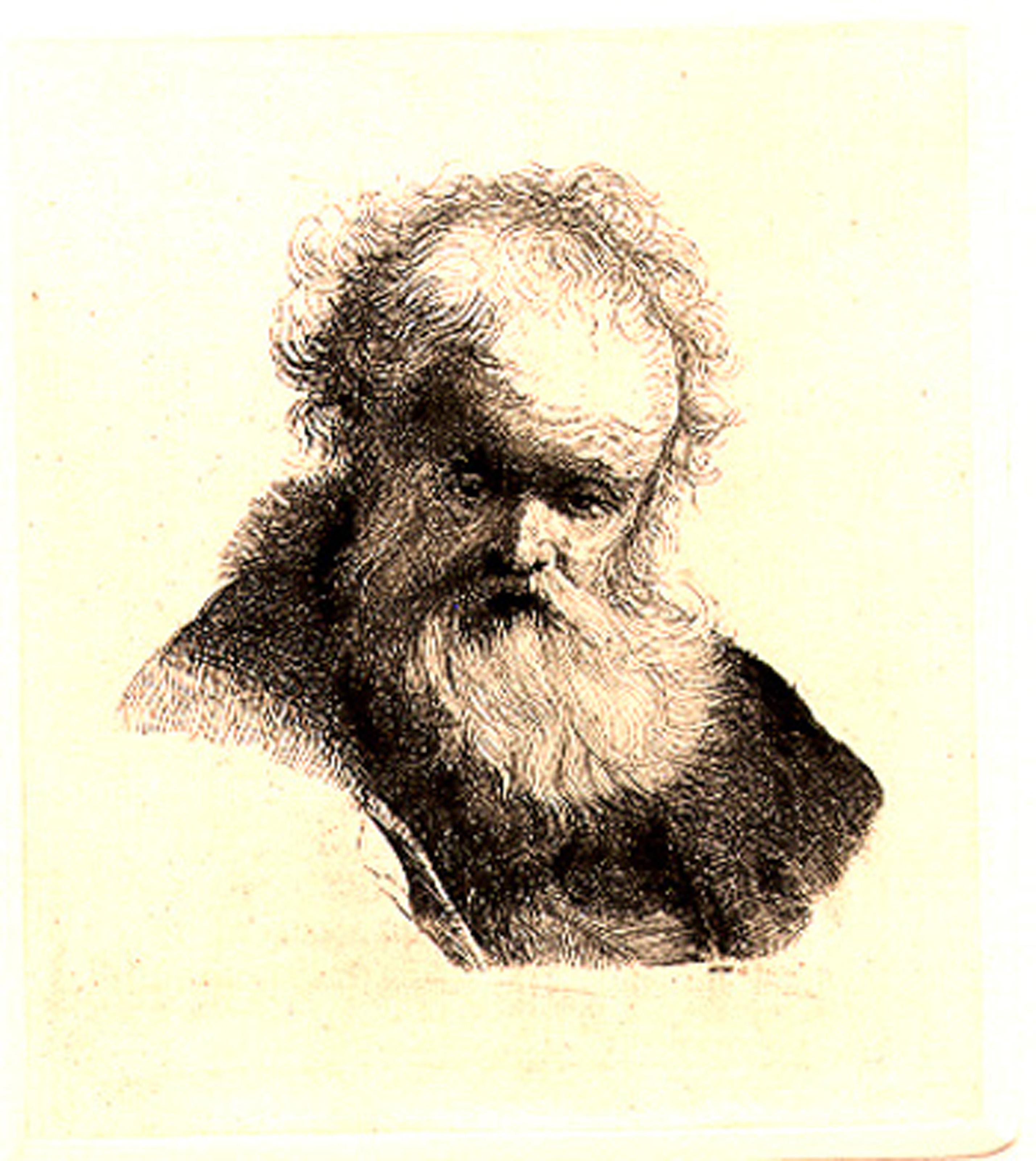  Rembrandt van Rijn, After by Amand Durand, Dutch (1606 - 1669) - Bust of an Old Man with Flowing Beard and White Sleeve, Year: Of Original 1631, Medium: Etching, Image Size: 3.5 x 3 inches, Size: 8  x 7 in. (20.32  x 17.78 cm), Printer: Amand