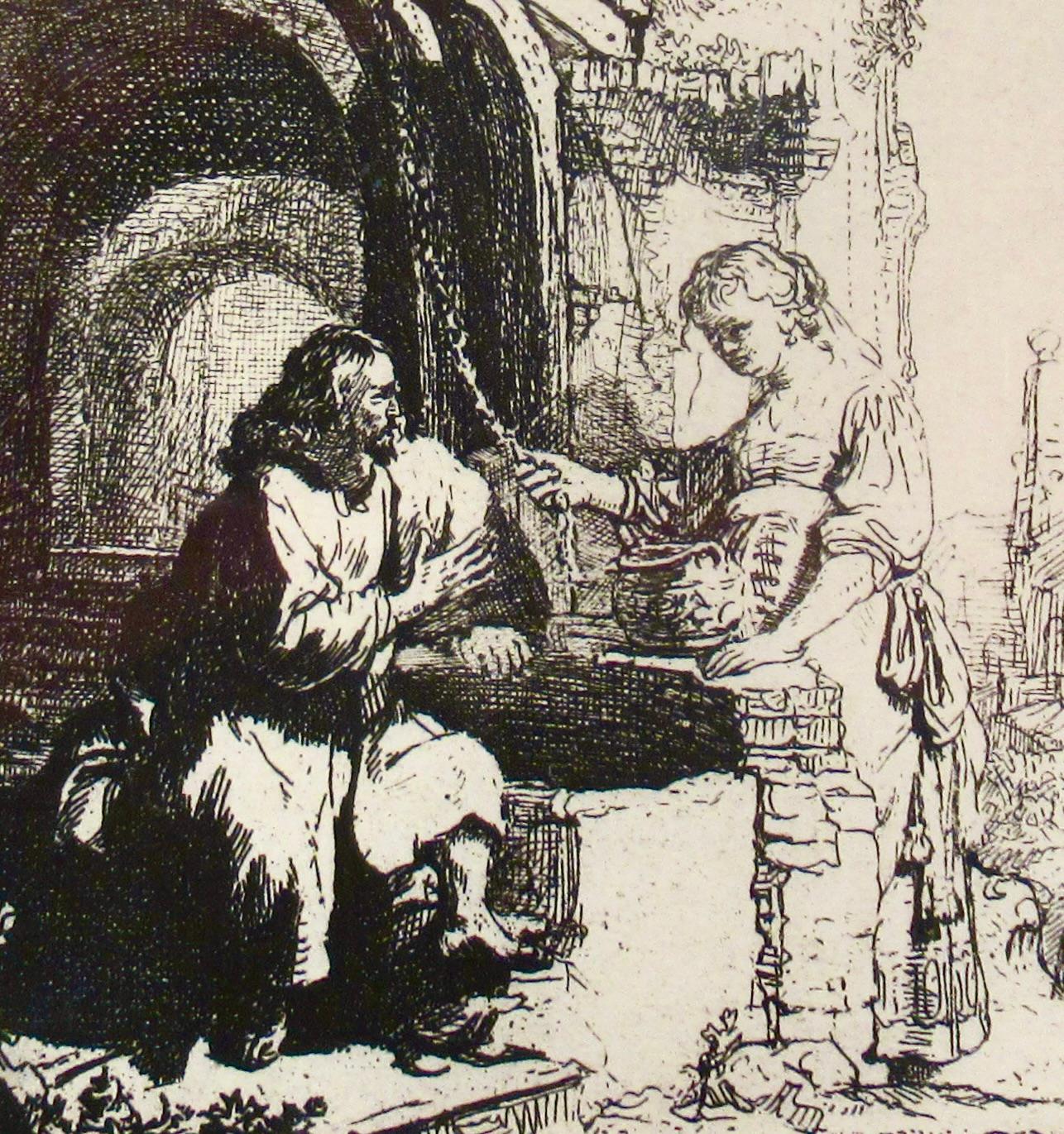 Christ and the Woman of Samaria - Figurative Print Beige di Rembrandt van Rijn