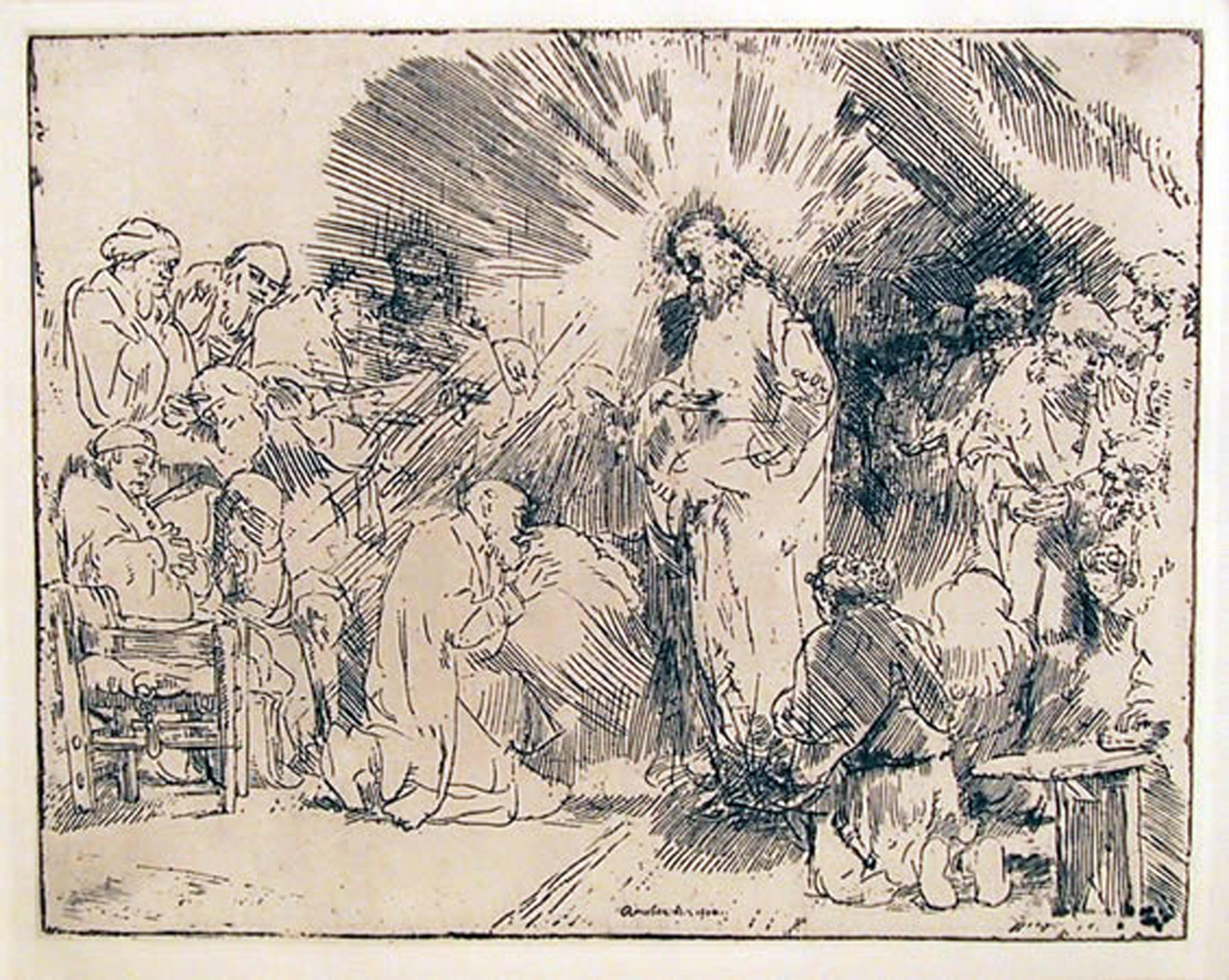  Rembrandt van Rijn, After by Amand Durand, Dutch (1606 - 1669) - Christ Appearing to the Apostles, Year: Of Original 1656, Medium: Etching, Image Size: 6.5 x 8.25 inches, Size: 14  x 15 in. (35.56  x 38.1 cm), Printer: Amand Durand, Description: