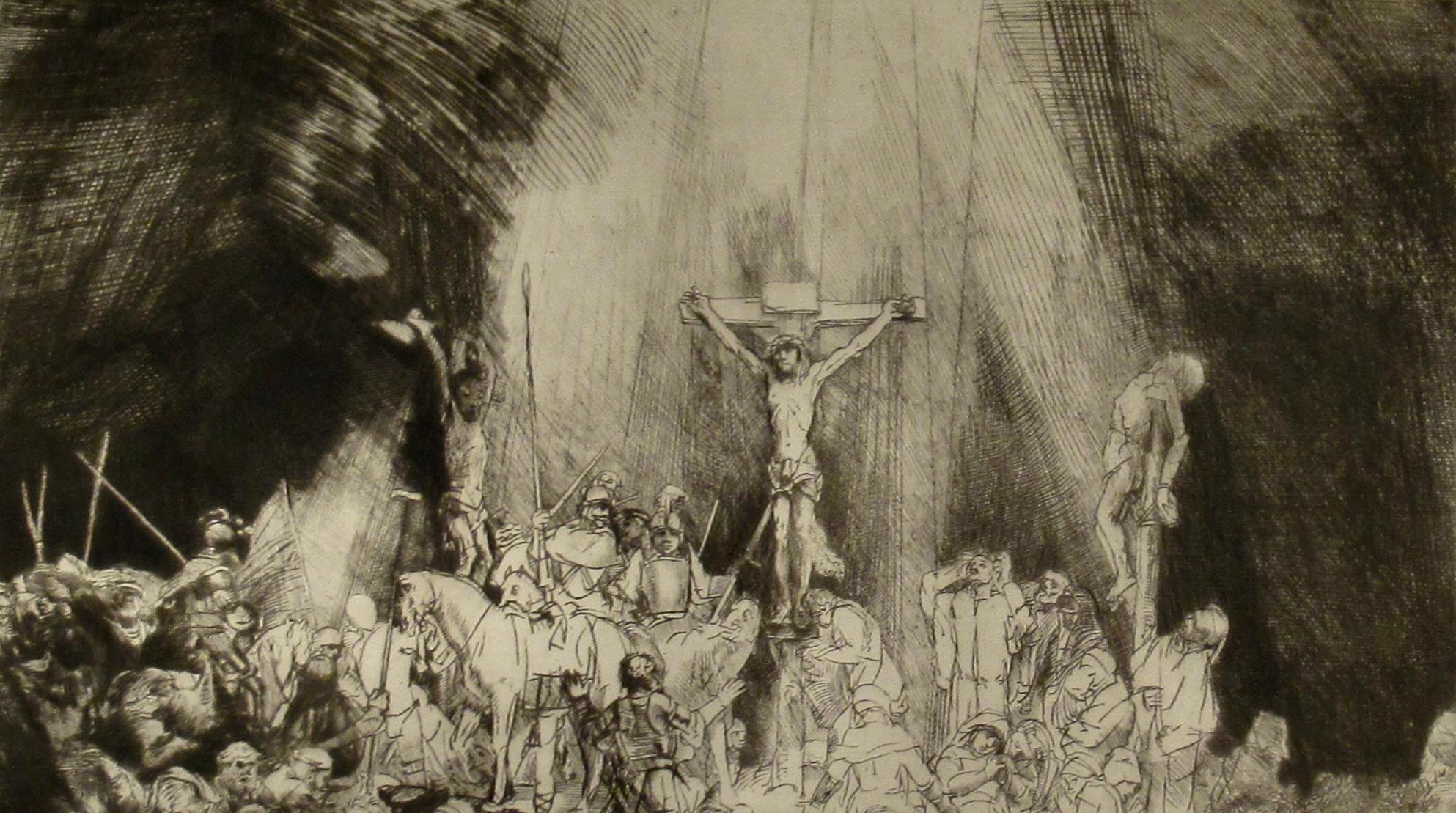 Christ Crucified Between the Two Thieves - Brown Figurative Print by Rembrandt van Rijn