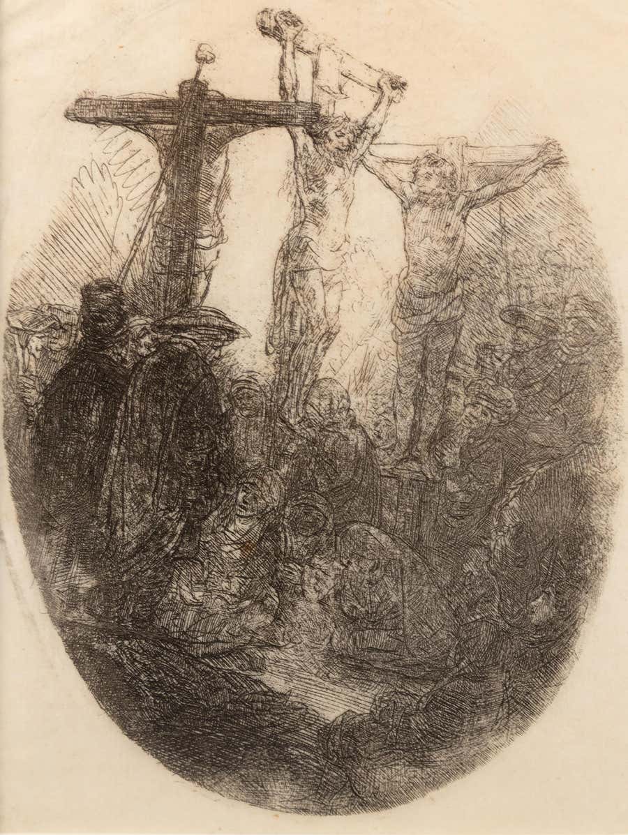 Christ Crucified Between Two Thieves Etching, Drypoint, 1641, Framed