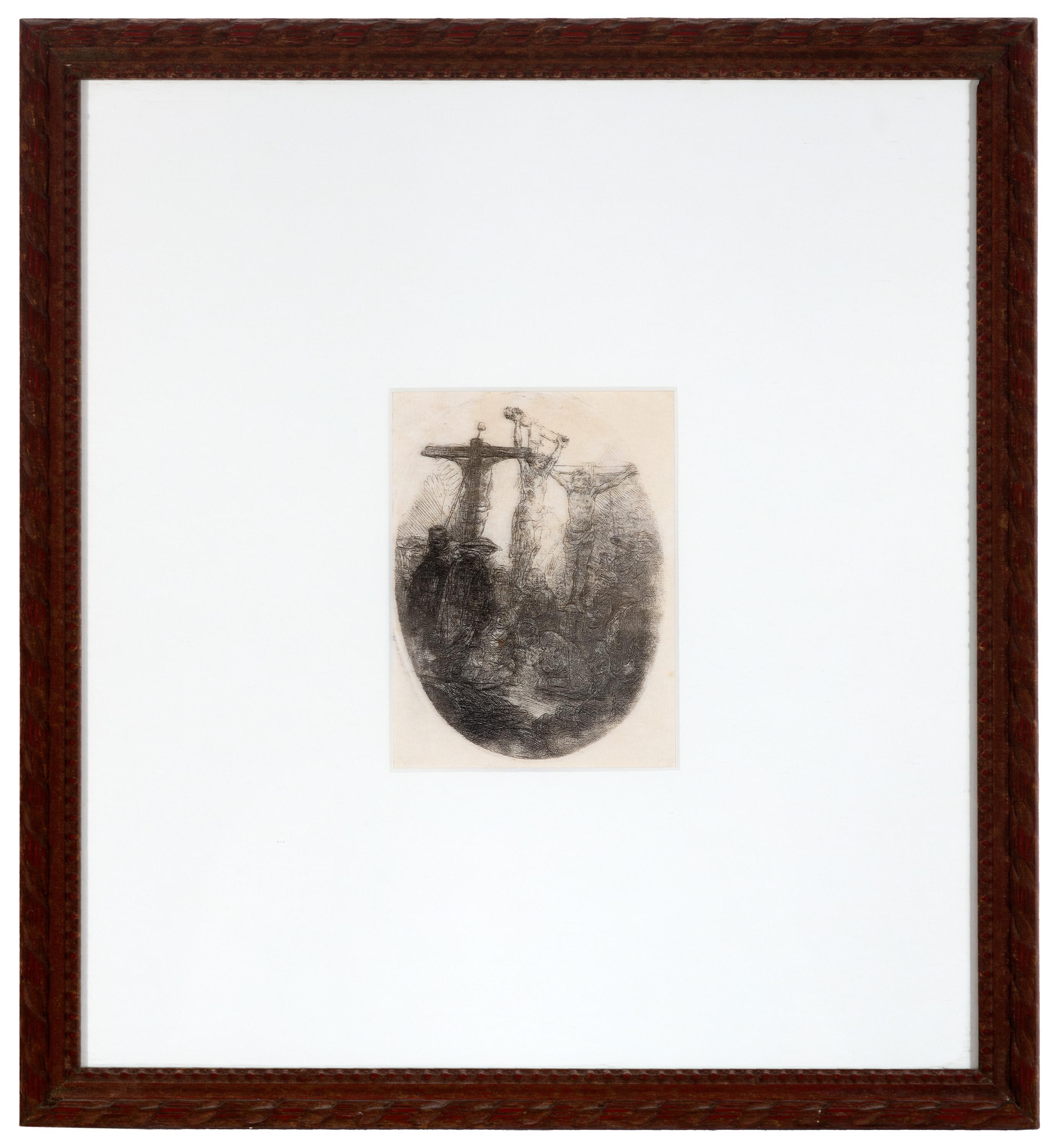 Rembrandt van Rijn Figurative Print - "Christ Crucified Between Two Thieves" Original Oval Plate Etching by Rembrandt