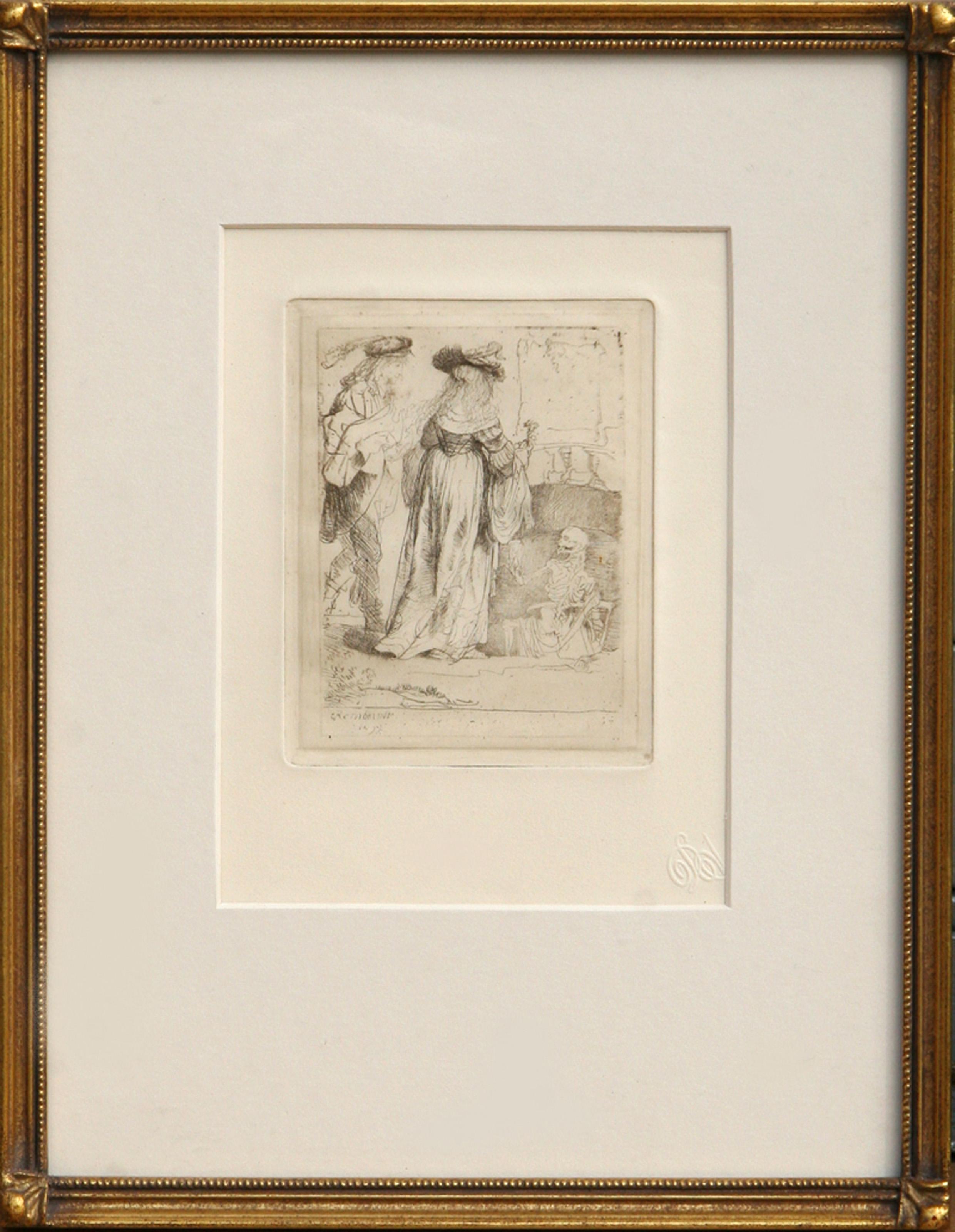  Rembrandt van Rijn, D'après Amand Durand, Néerlandais (1606 - 1669) - La mort apparaissant à un couple marié depuis une tombe ouverte, Année : De l'original 1639, Médium : Eau-forte, Dimensions : 10.5 in. x 8.5 in. (26.67 cm x 21.59 cm), Imprimeur