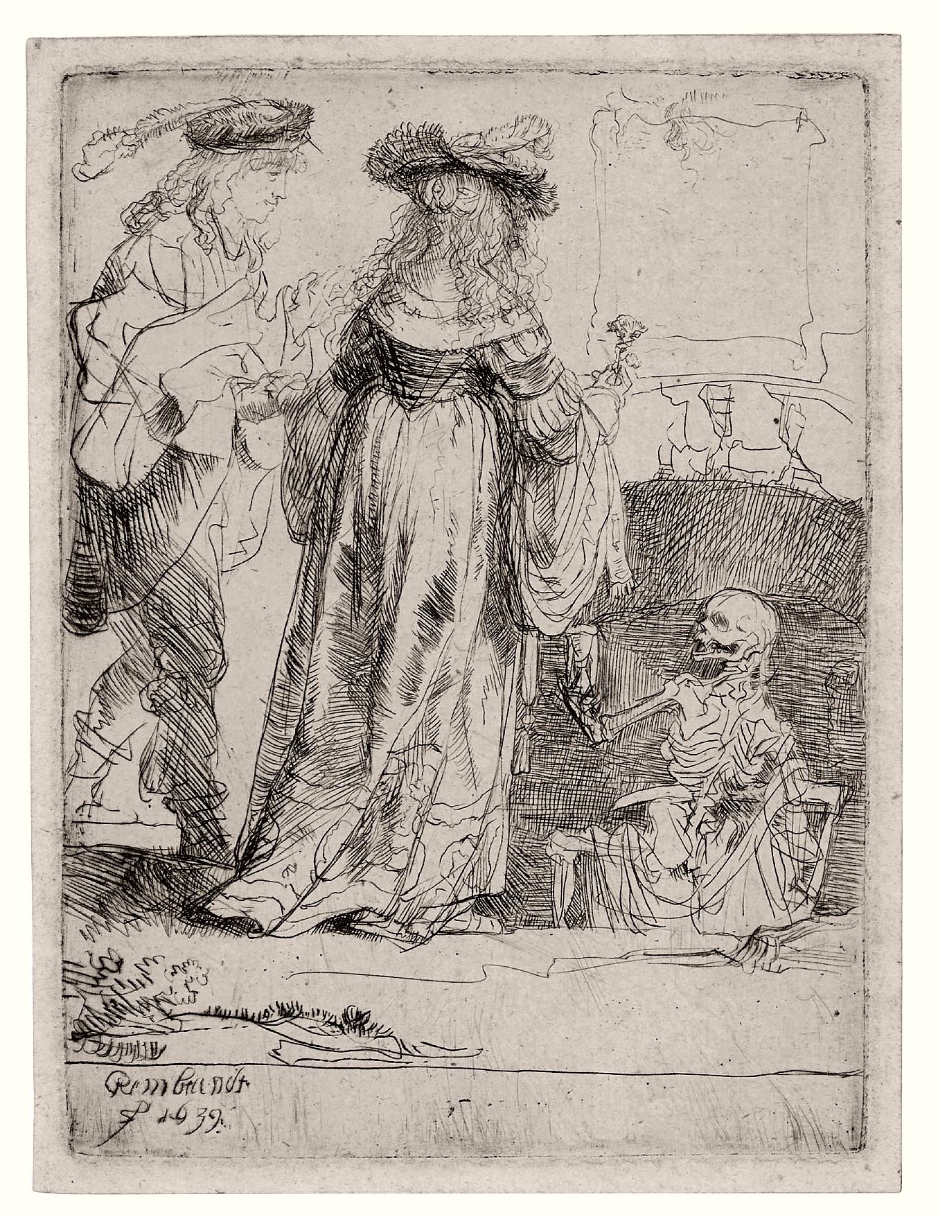 La mort apparaissant à un couple marié depuis une tombe ouverte - Print de Rembrandt van Rijn