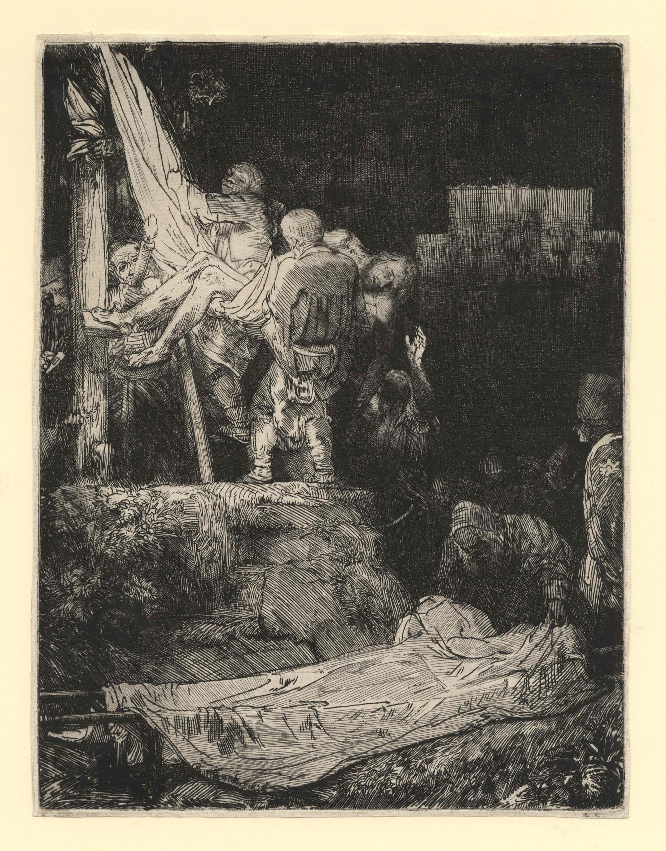 Rembrandt van Rijn Figurative Print - Descending from the Cross, by Torchlight