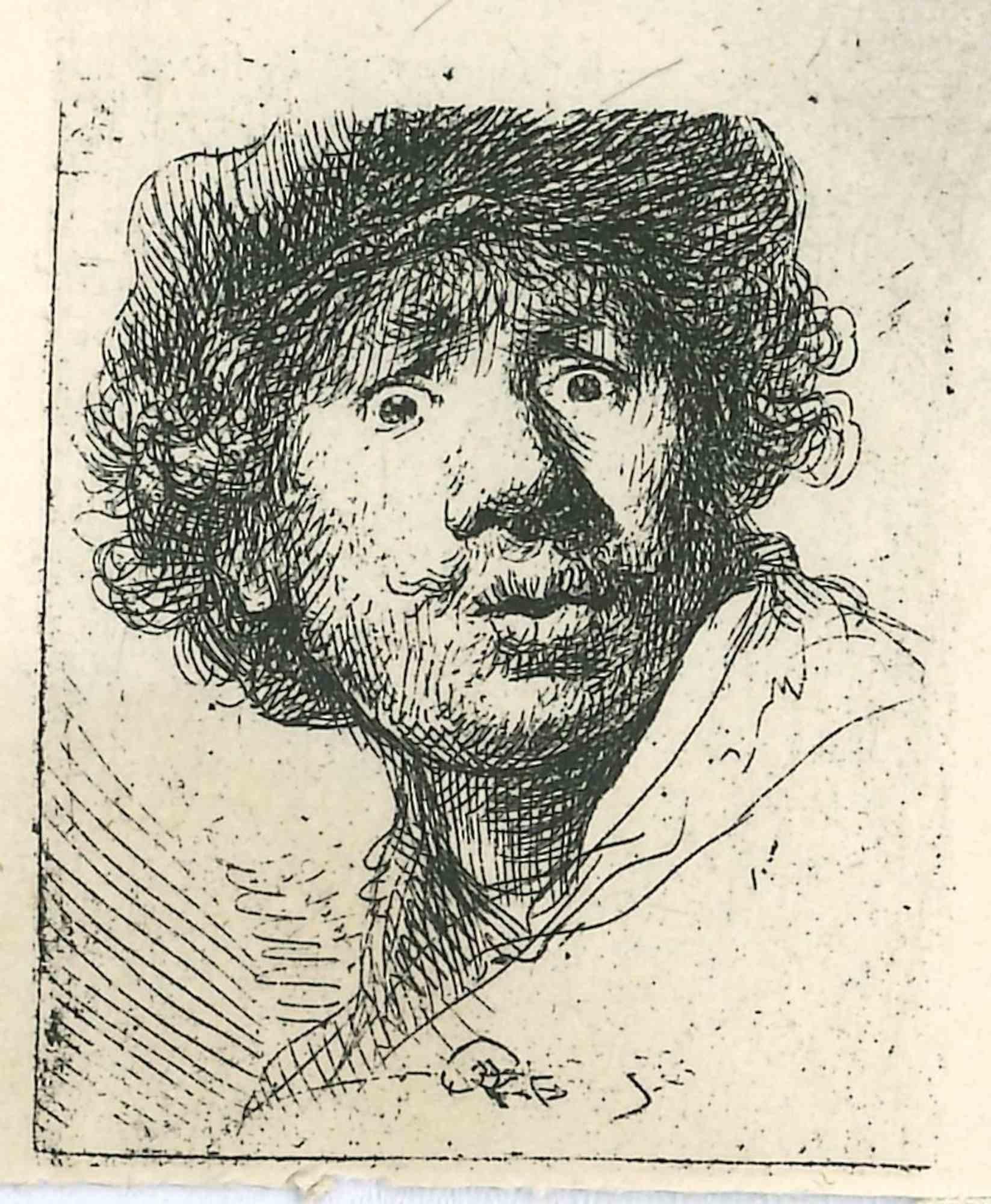 Rembrandt van Rijn Figurative Print - Frightened-Eyed (self portrait) - Etching After Rembrandt - 19th Century