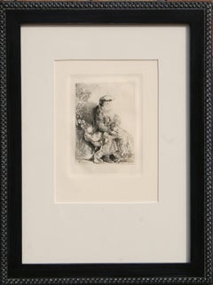 Jacob Caressing Benjamin, Etching by Rembrandt van Rijn