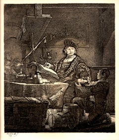 Antique Jan Uytenbogaert (1606-84; The Goldweigher), Etching by Rembrandt van Rijn