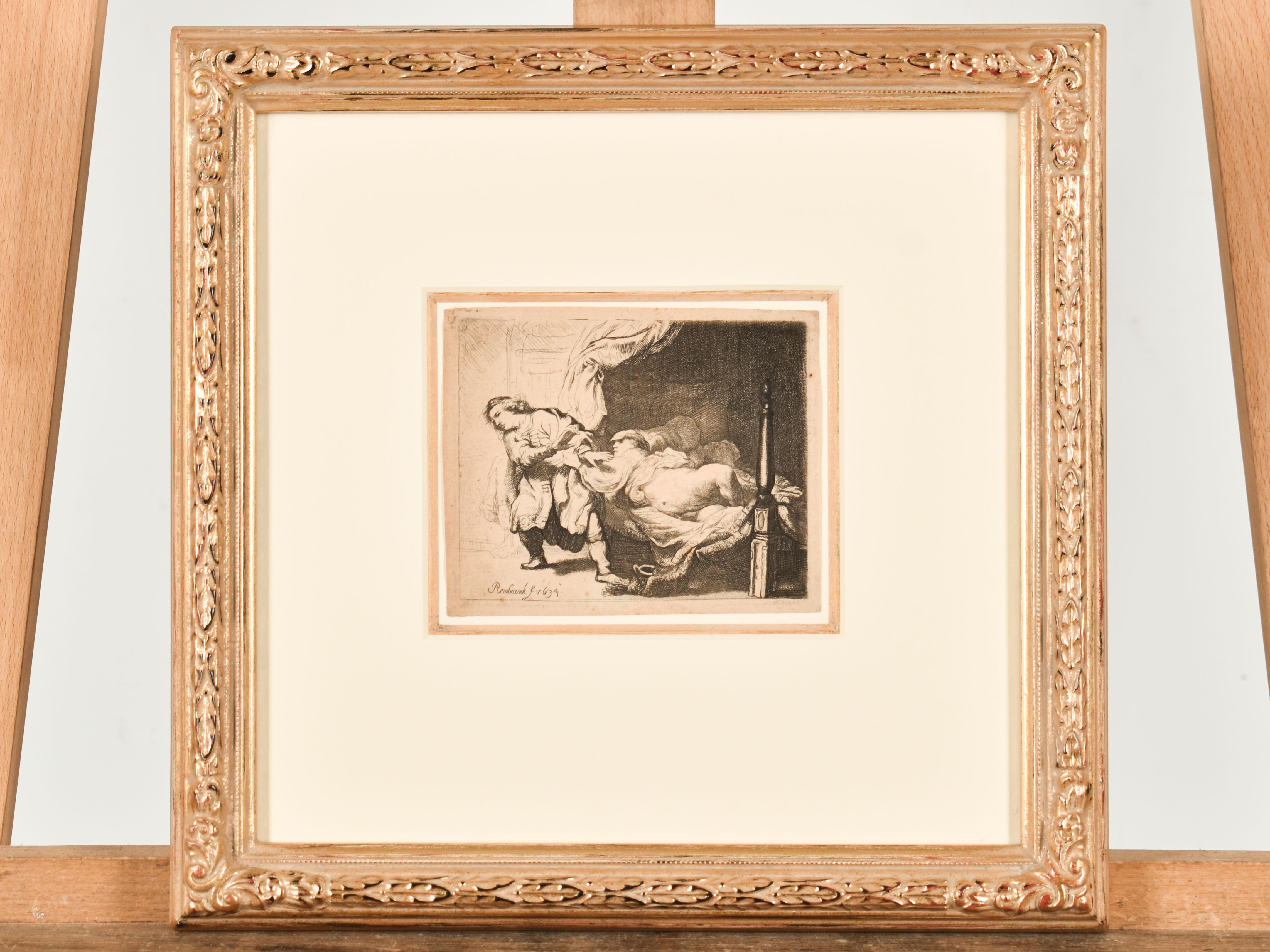 Joseph et sa femme Potiphar (1634) - Eau-forte de Rembrandt - Pays-Bas - 1634 - Maîtres anciens Print par Rembrandt van Rijn