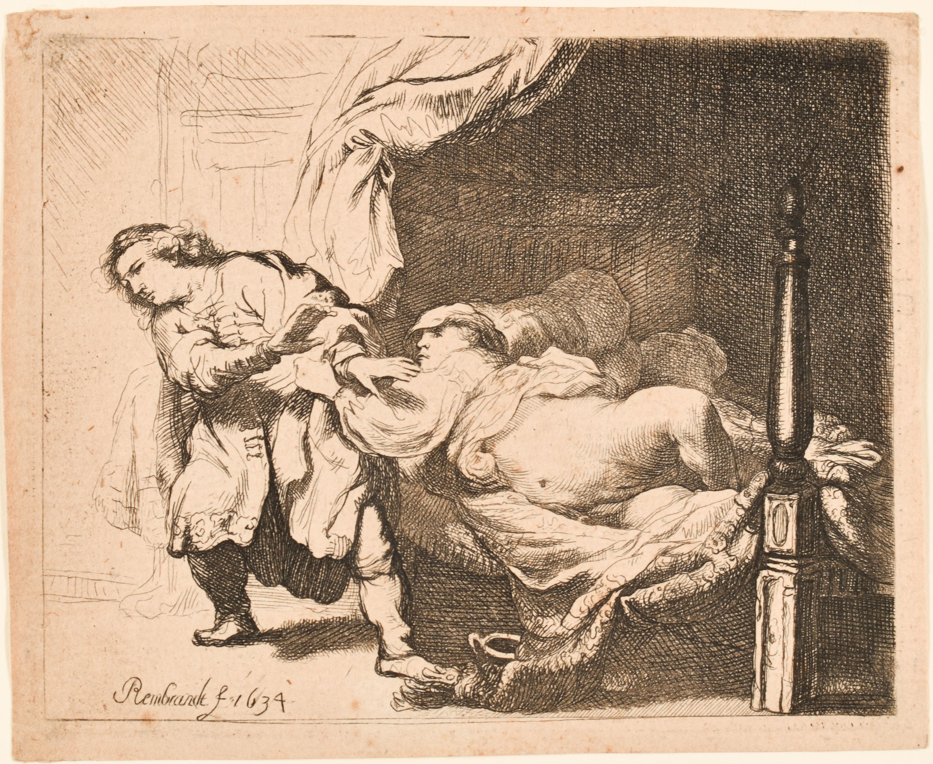 Rembrandt van Rijn Figurative Print - Joseph and Potiphar's Wife (1634) - Rembrandt - Etching - Dutch - 1634 - Europe