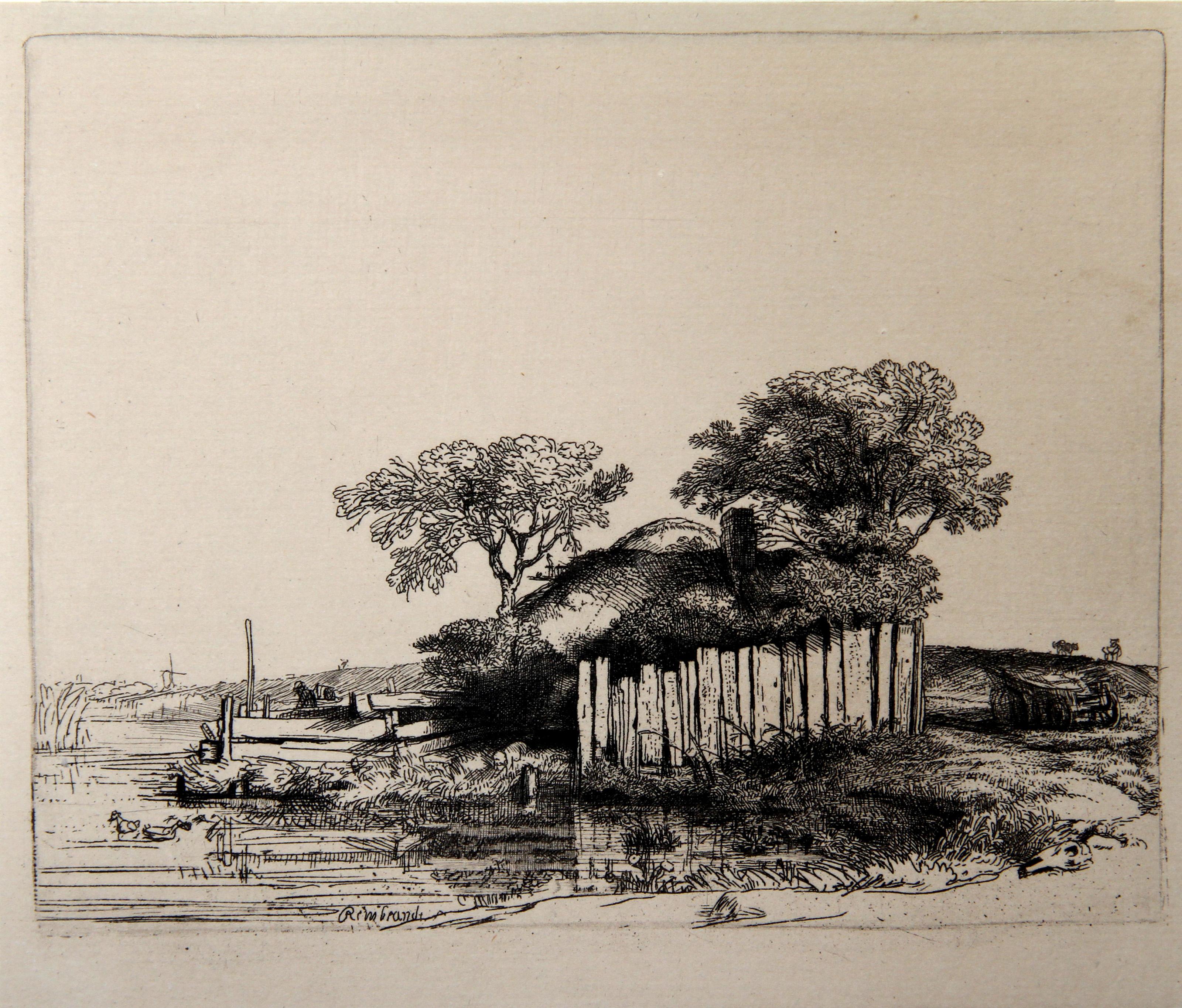 Artista: Rembrandt van Rijn, (After) Amand Durand, neerlandés (1606 - 1669) -  La Chaumiere Entouree de Planchees (B232), Año: 1878 (del original de 1648), Medio: Heliograbado, Tamaño: 5  x 6,25 pulg. (12,7  x 15,88 cm), Impresor: Amand Durand,