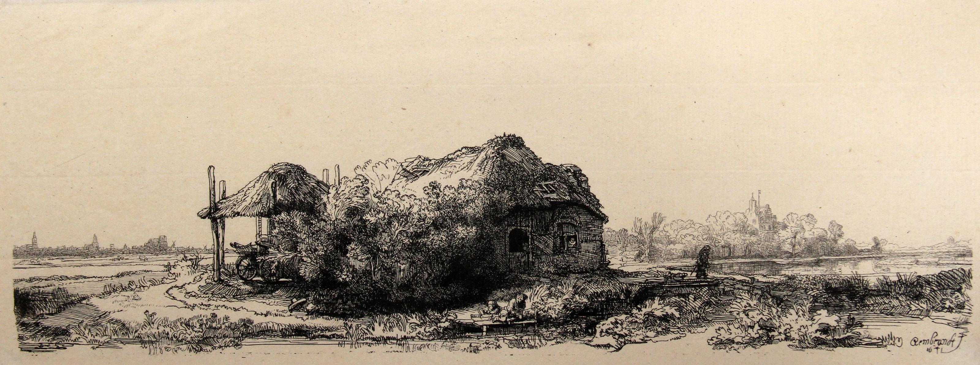 Artista: (After) Rembrandt van Rijn, dopo Amand Durand, olandese (1606 - 1669) -  La Chaumiere et la Grange a Foin (B225), Anno: 1878 (dell'originale 1641), Medium: Heliogravure, Dimensione: 5  x 12,5 pollici (12,7  x 31,75 cm), Stampatore: Amand