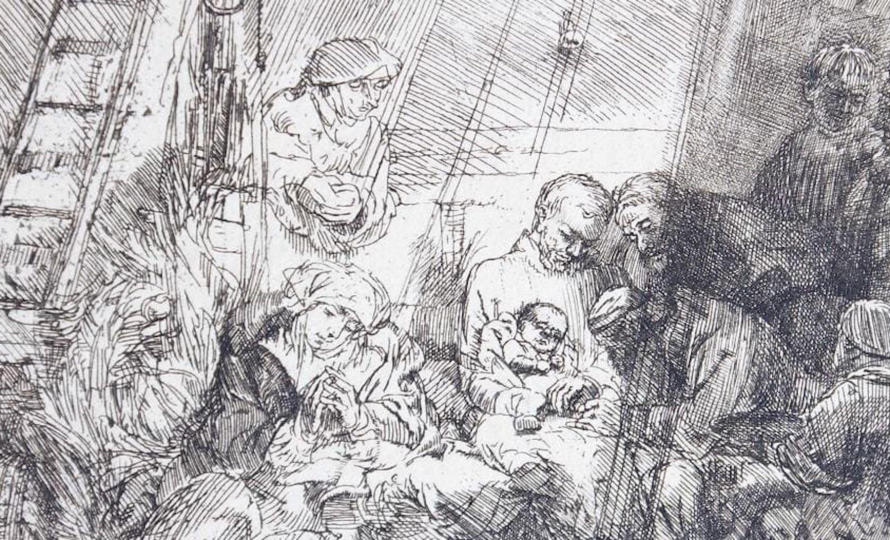 La circoncision dans l'étable - Gravure originale de Rembrandt - 1654 - Print de Rembrandt van Rijn