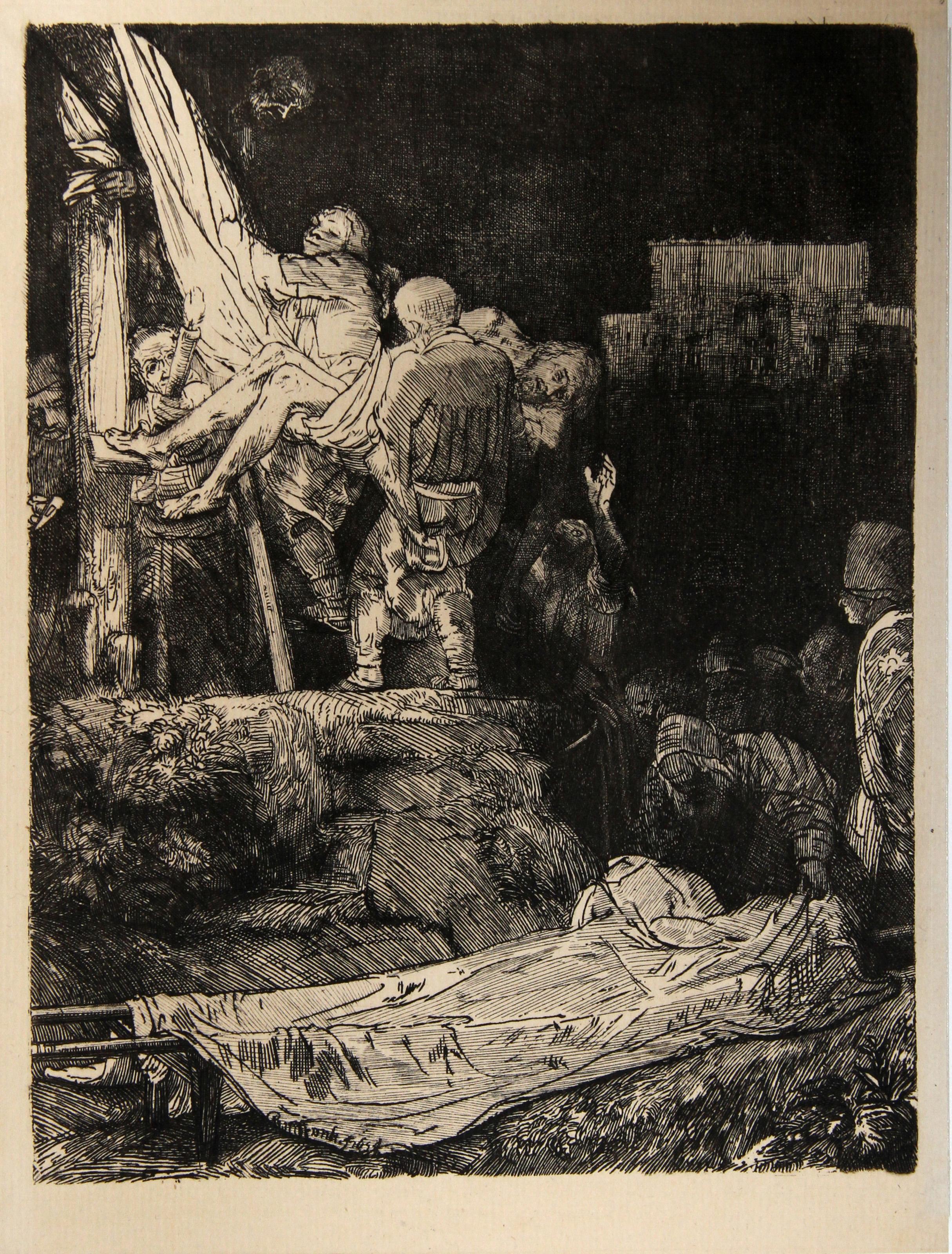 La Descente de Croix Aux Flambeaux, Grabado antiguo de Rembrandt van Rijn