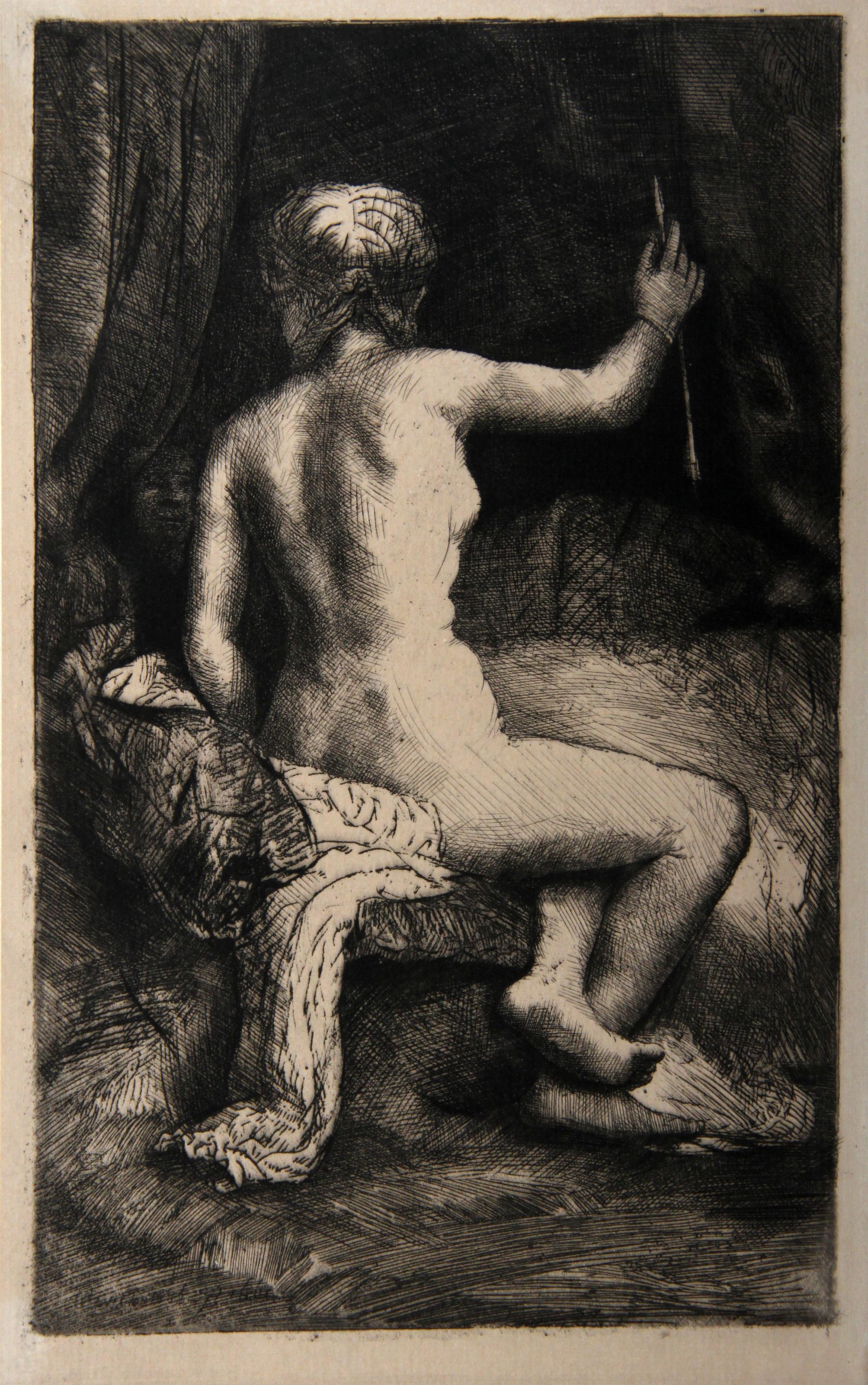 Künstler: Rembrandt van Rijn, nach Amand Durand, Niederländer (1606 - 1669) -  La Femme a la Fleche (B202), Jahr: 1878 (von Original 1661), Medium: Heliogravüre, Größe: 8.25  x 5 in. (20.96  x 12,7 cm), Drucker: Amand Durand, Beschreibung: Der