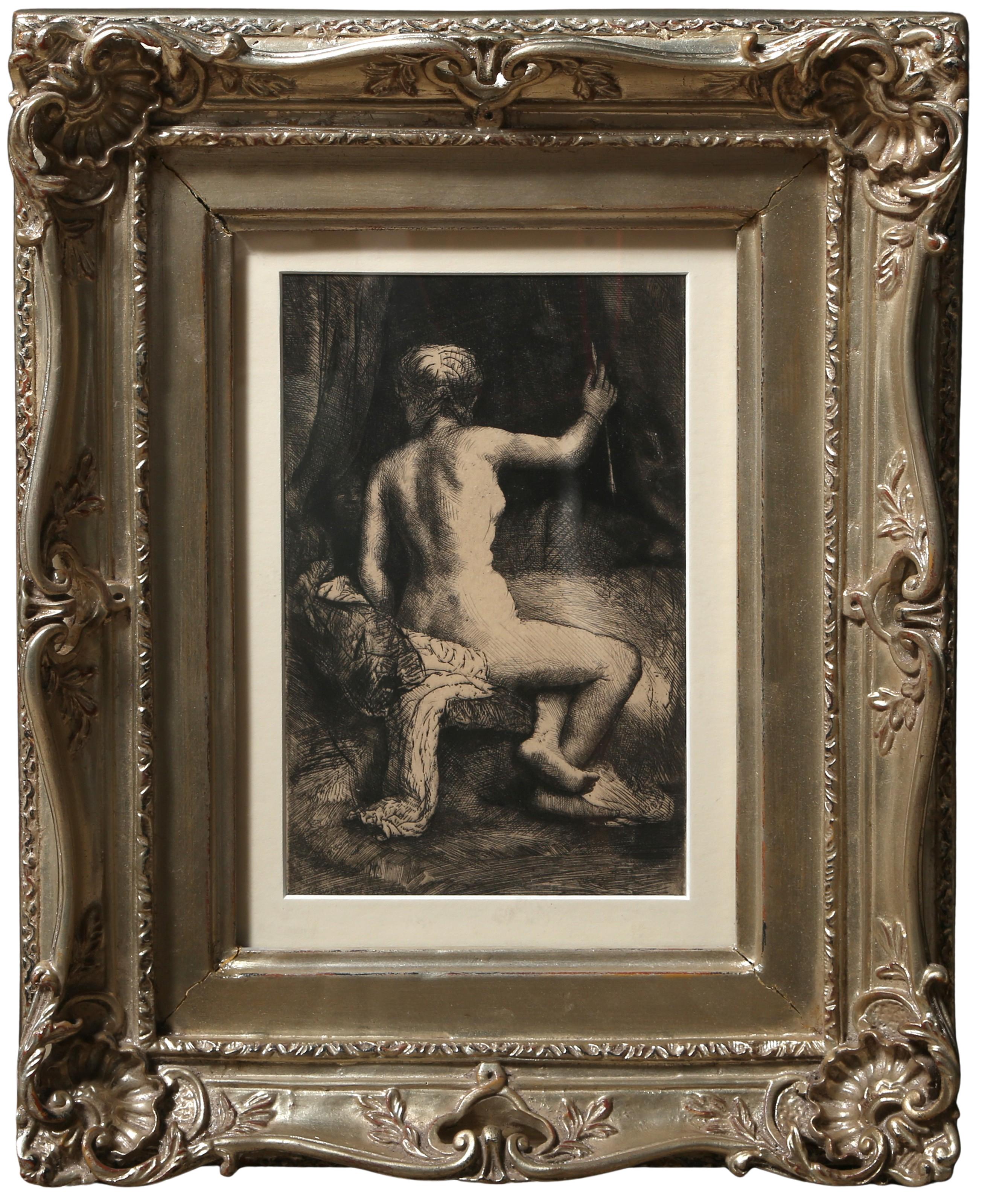 La Femme a la Fleche, Grabado heliograbado antiguo de Rembrandt van Rijn