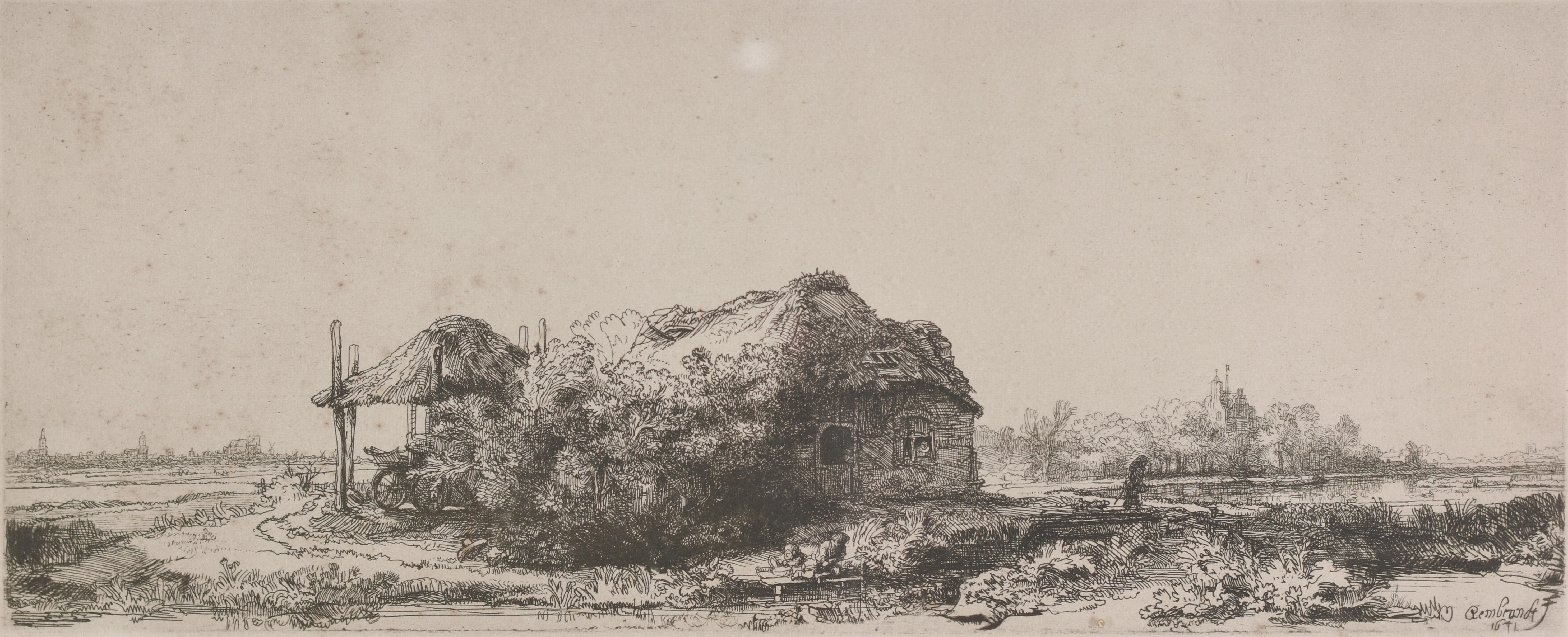 Landschaft mit einem Haus und einem Heckenhaus (1641), Rembrandt-Stickerei – Print von Rembrandt van Rijn